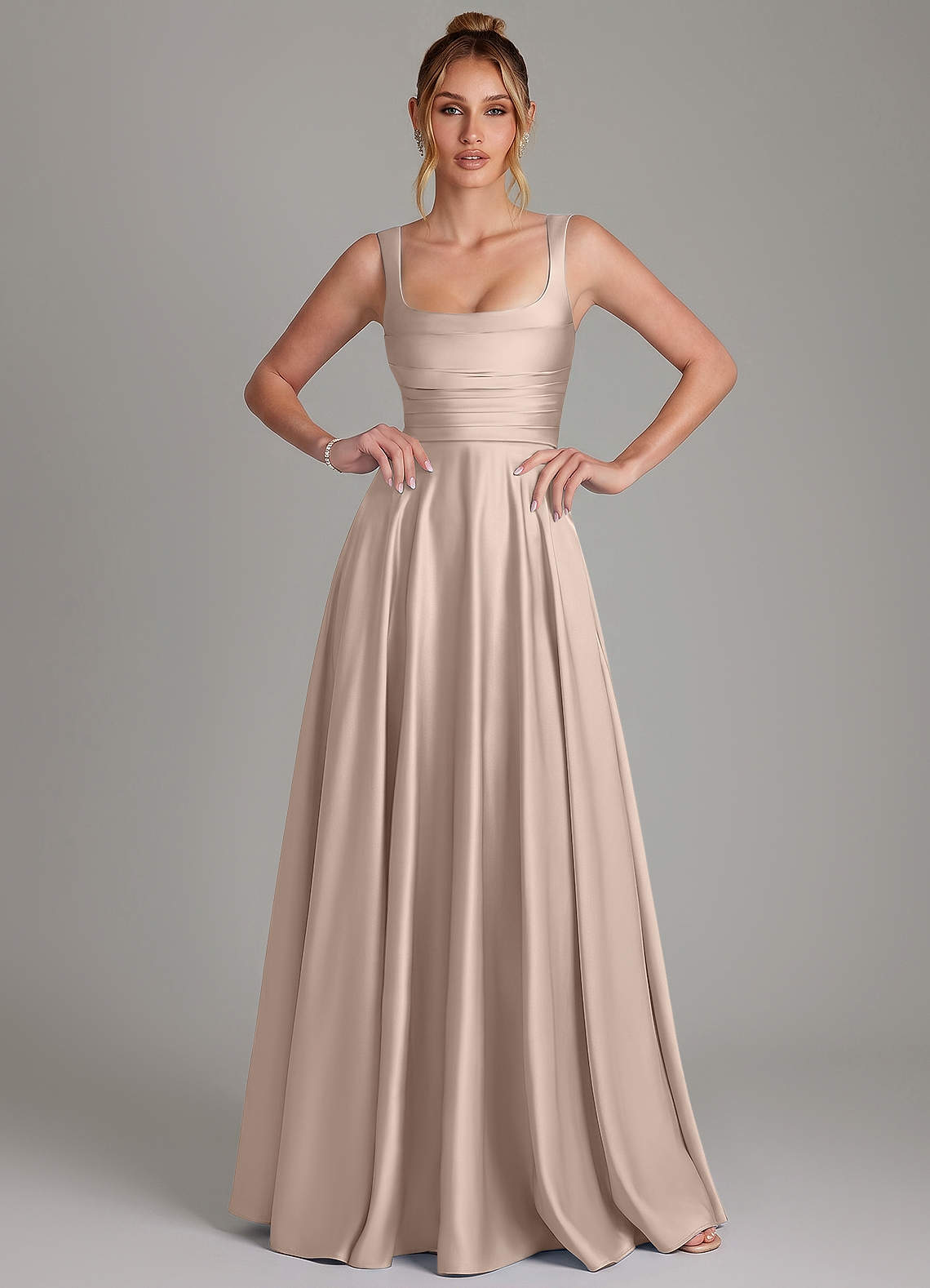 Azaria A-Line Square-Neck Stretch Satin Bridesmaid Dress in English Rose