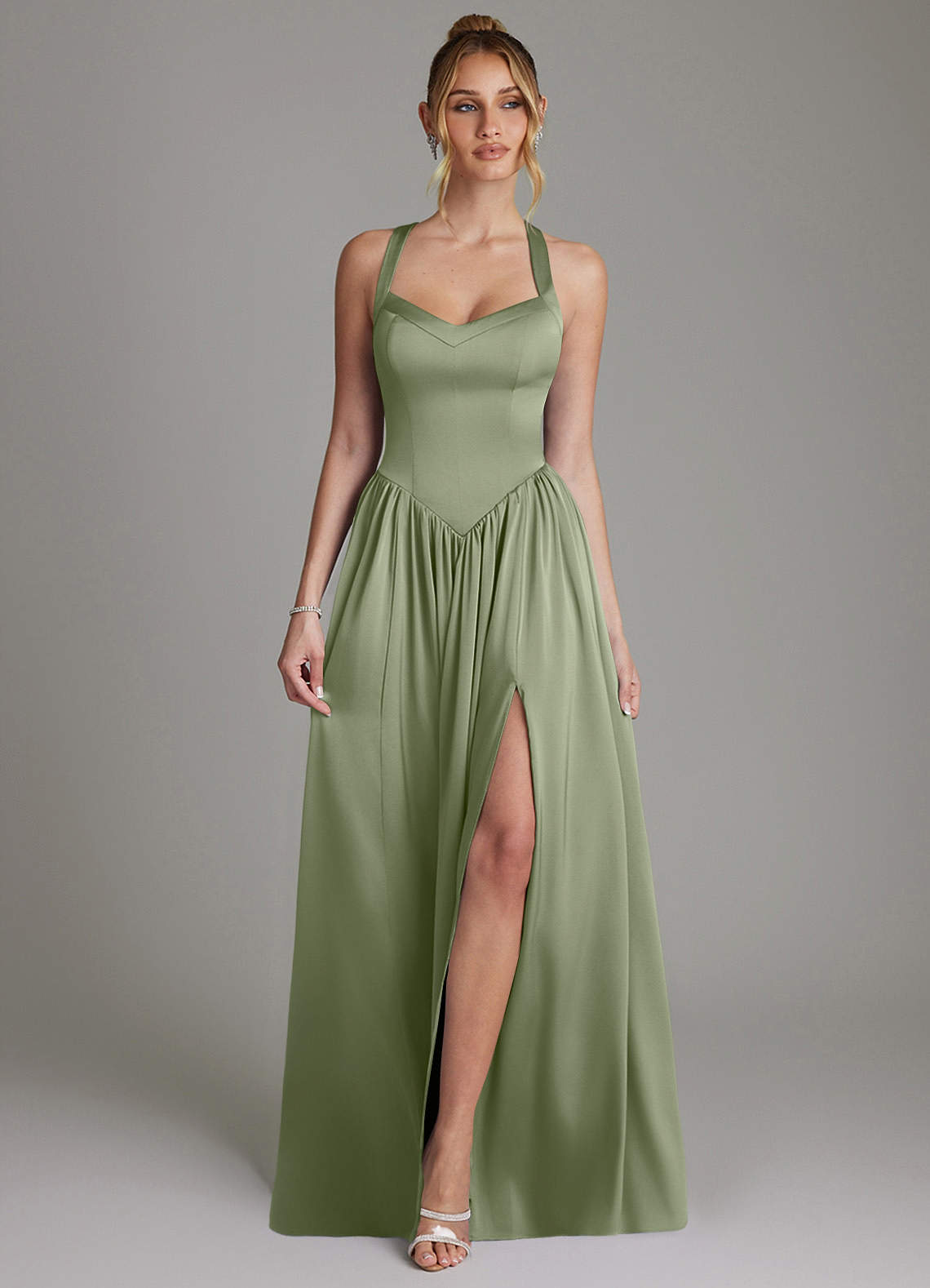 Francis A-Line V-Neck Stretch Satin Bridesmaid Dress in Pistachio