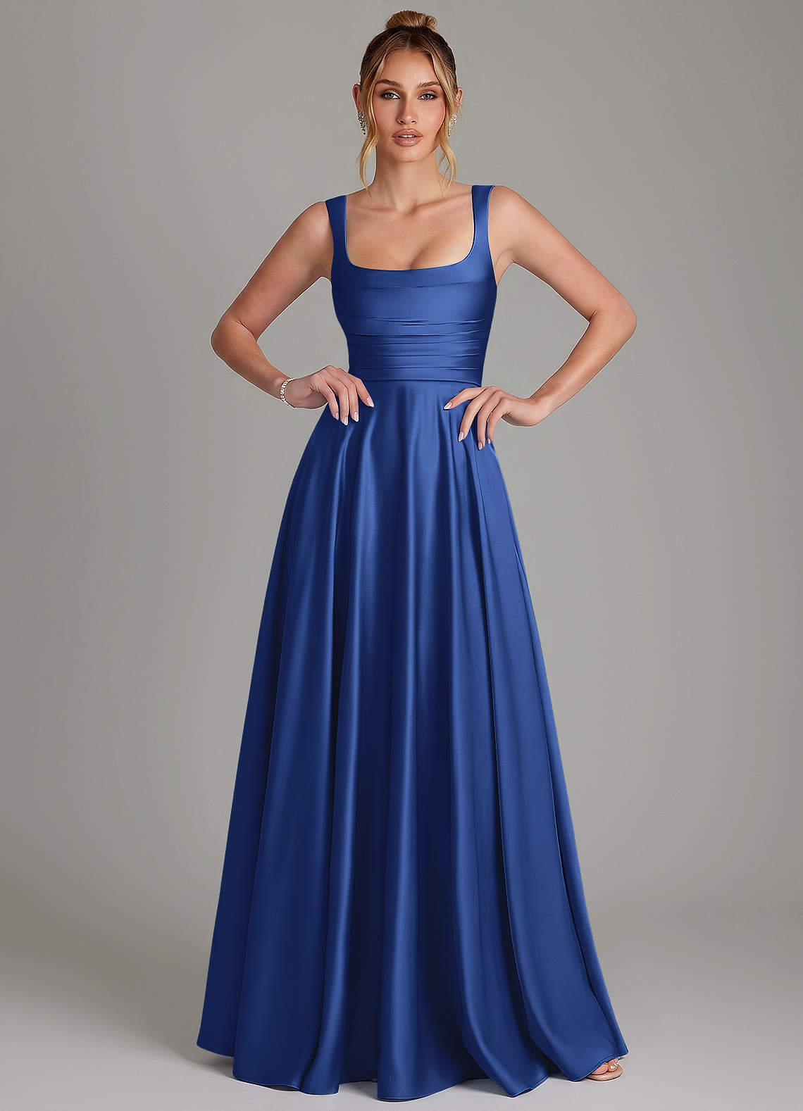Azaria A-Line Square-Neck Stretch Satin Bridesmaid Dress in Royal Blue