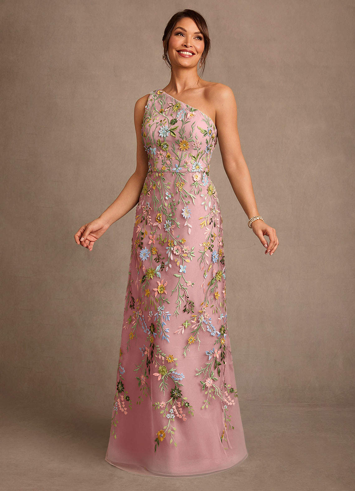 Bertie A-Line One-Shoulder Lace Mother of the Bride Dress in Dusty Rose
