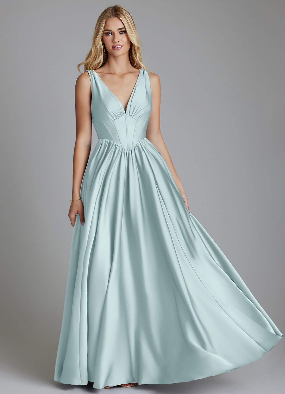 Delmie A-Line V-Neck Stretch Satin Bridesmaid Dress in Mist