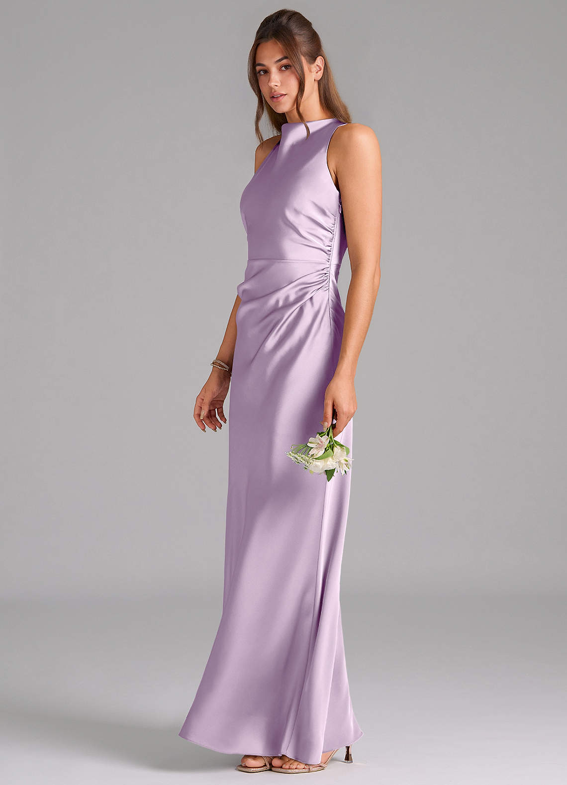 Evadne Sheath Scoop-Neck Stretch Satin Bridesmaid Dress in Frosted Lilac