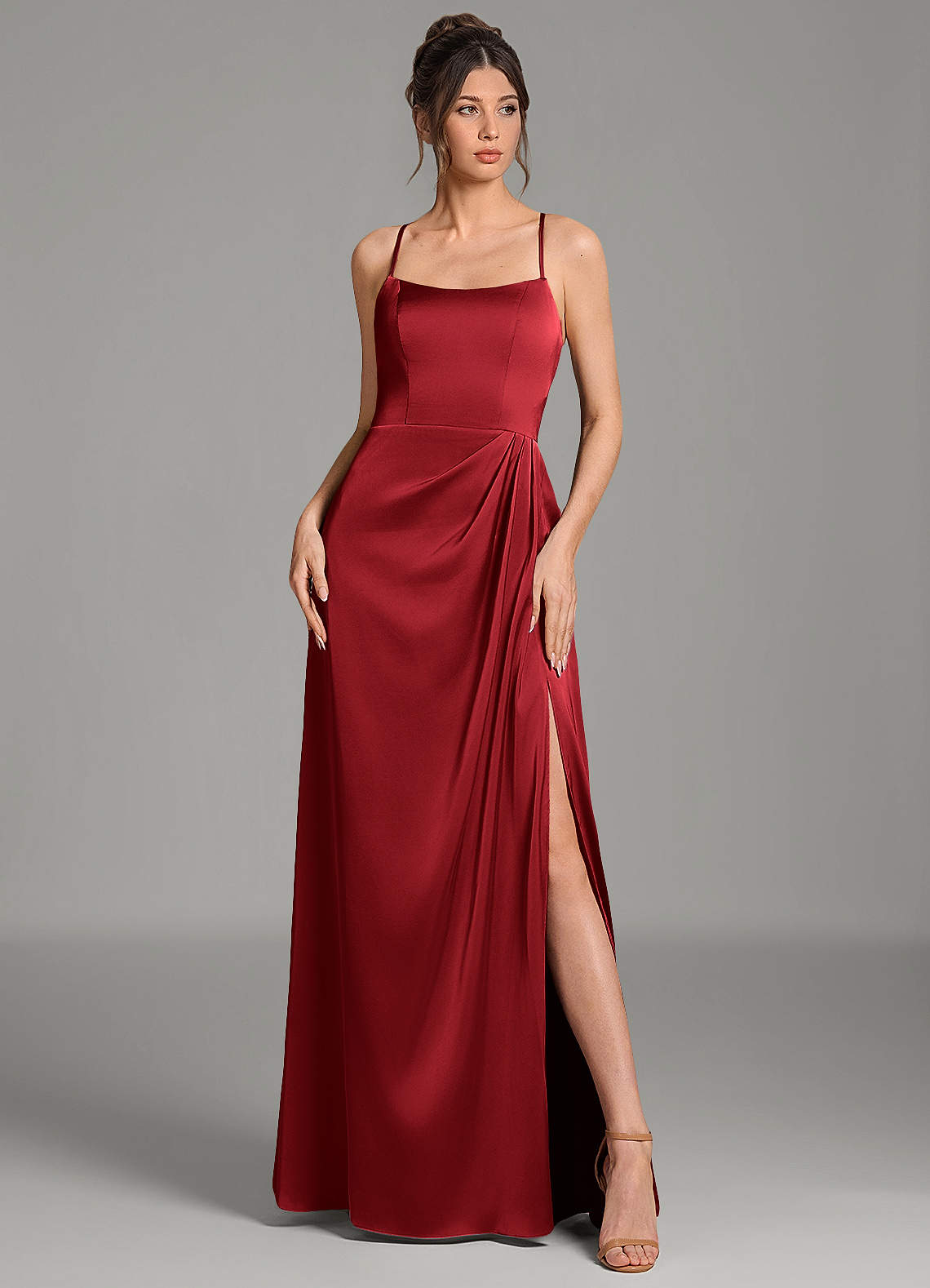 Frankie A-Line Scoop-Neck Stretch Satin Bridesmaid Dress in Scarlet