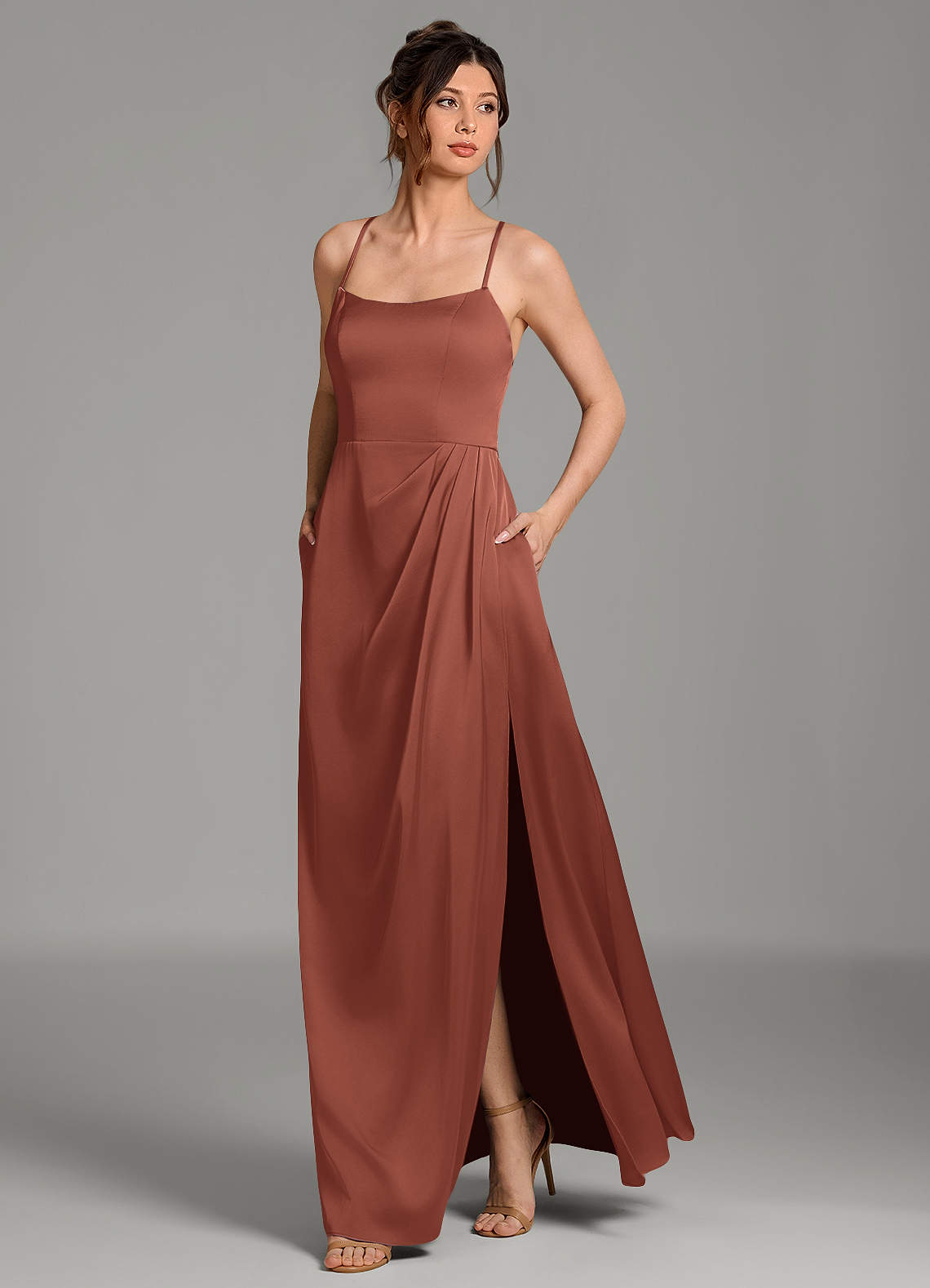 Frankie A-Line Scoop-Neck Stretch Satin Bridesmaid Dress in Auburn