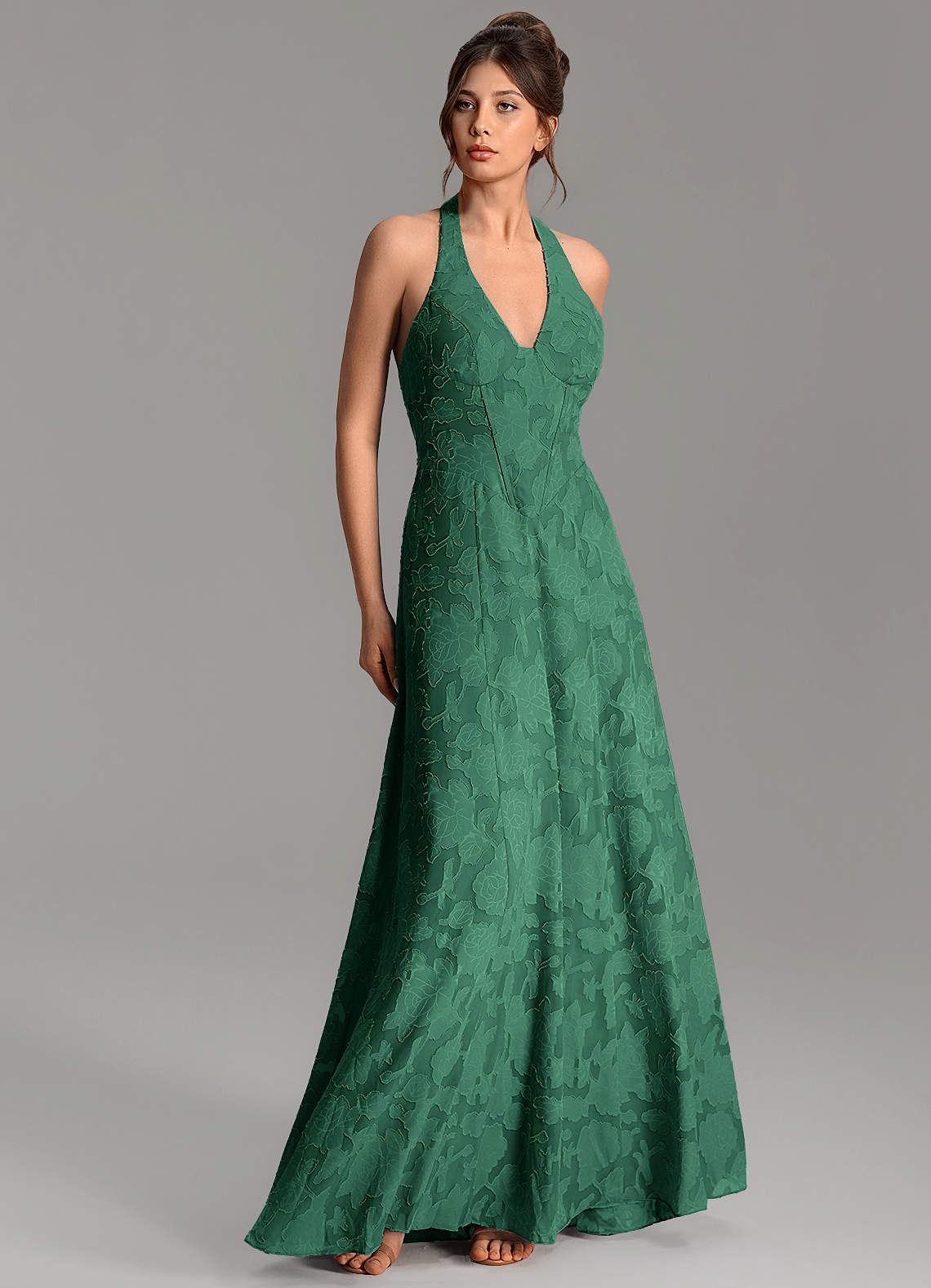 Nia A-Line V-Neck Floral Burnout Bridesmaid Dress in Dark Green