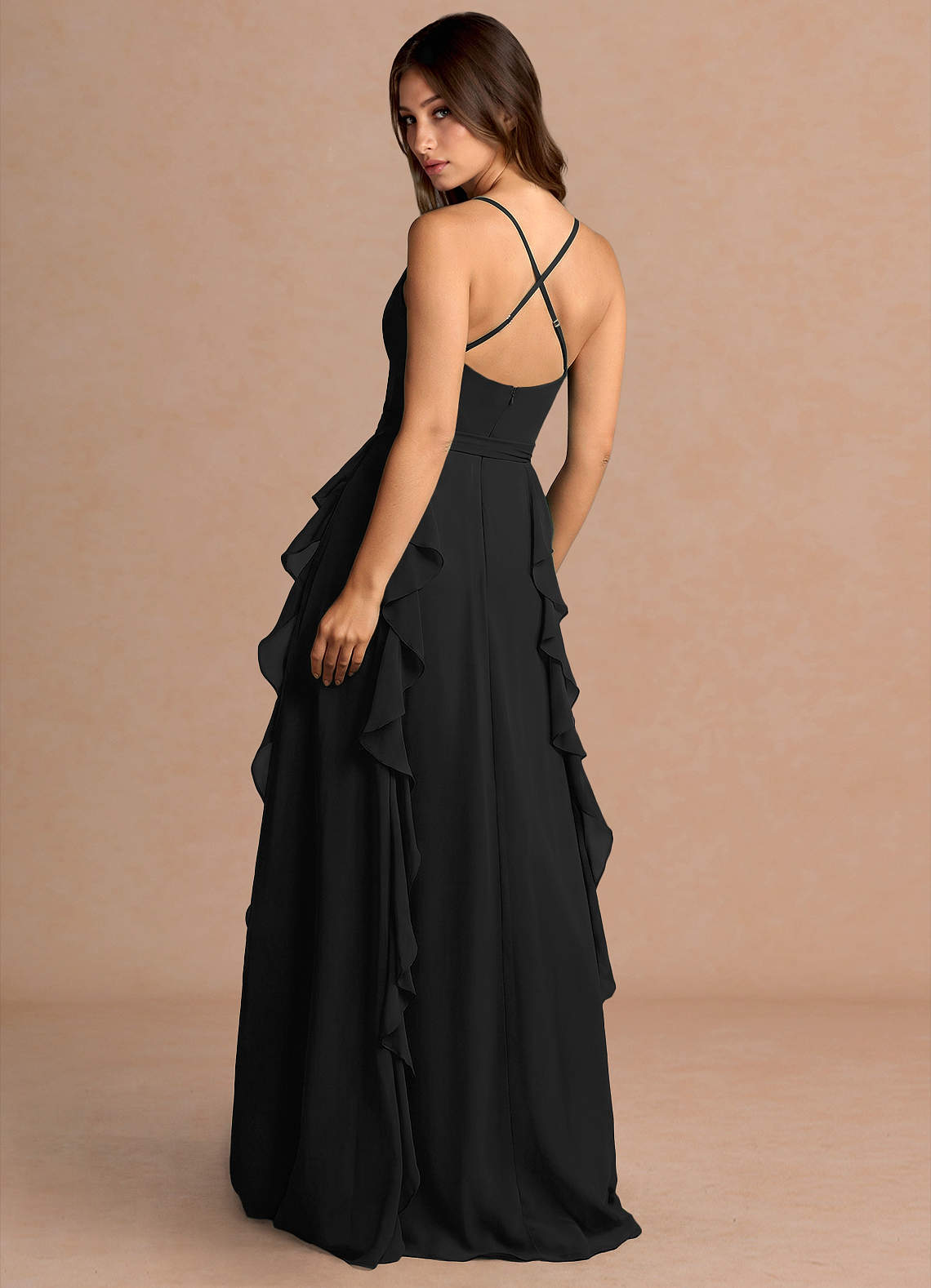 Alouette A-Line V-Neck Chiffon Evening Dress in black