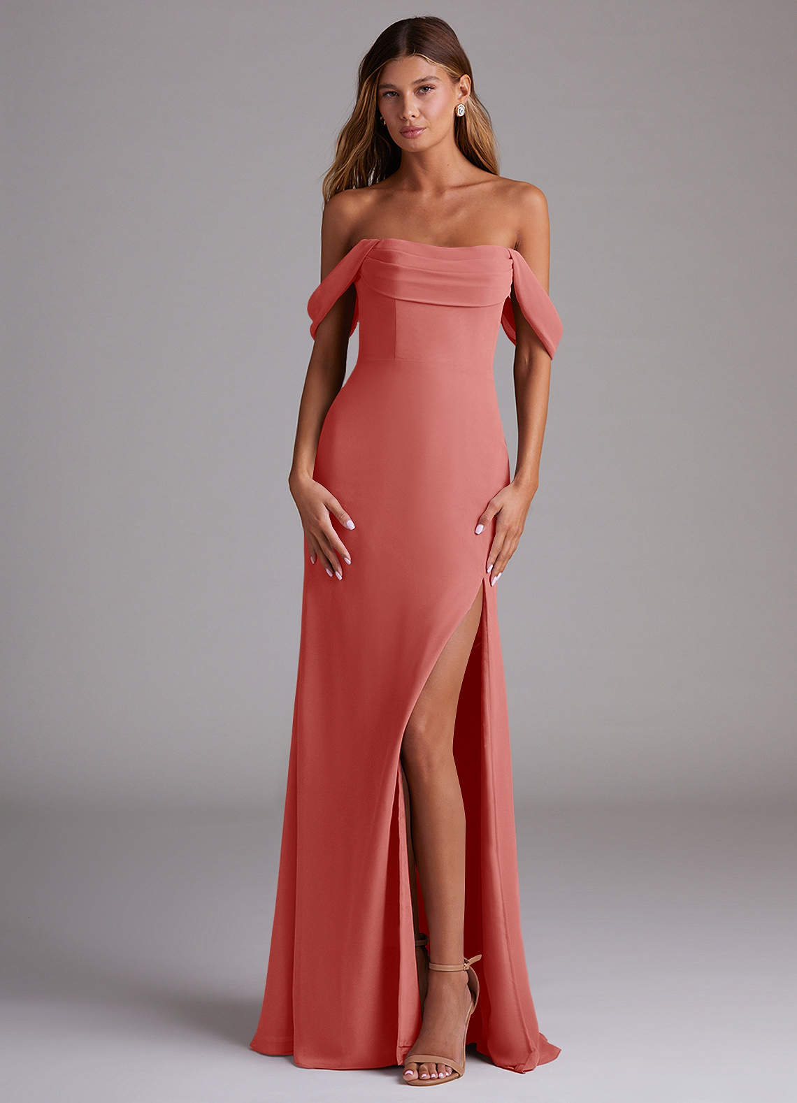 Saige A-Line Off-the-Shoulder Chiffon Bridesmaid Dress in Antique Rose