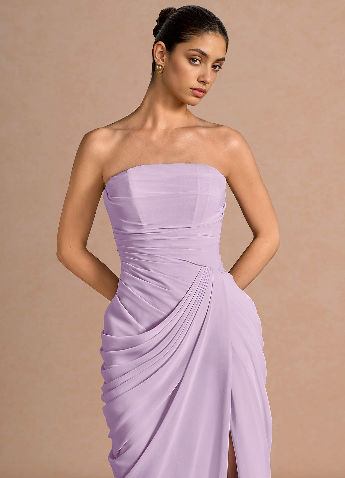 Kaavia Column Pleated Chiffon Maxi Evening Dress in Frosted Lilac