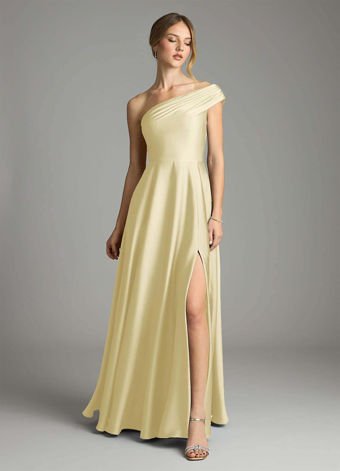 Melanie A-Line One-Shoulder Stretch Satin Bridesmaid Dress in Lemon Sorbet