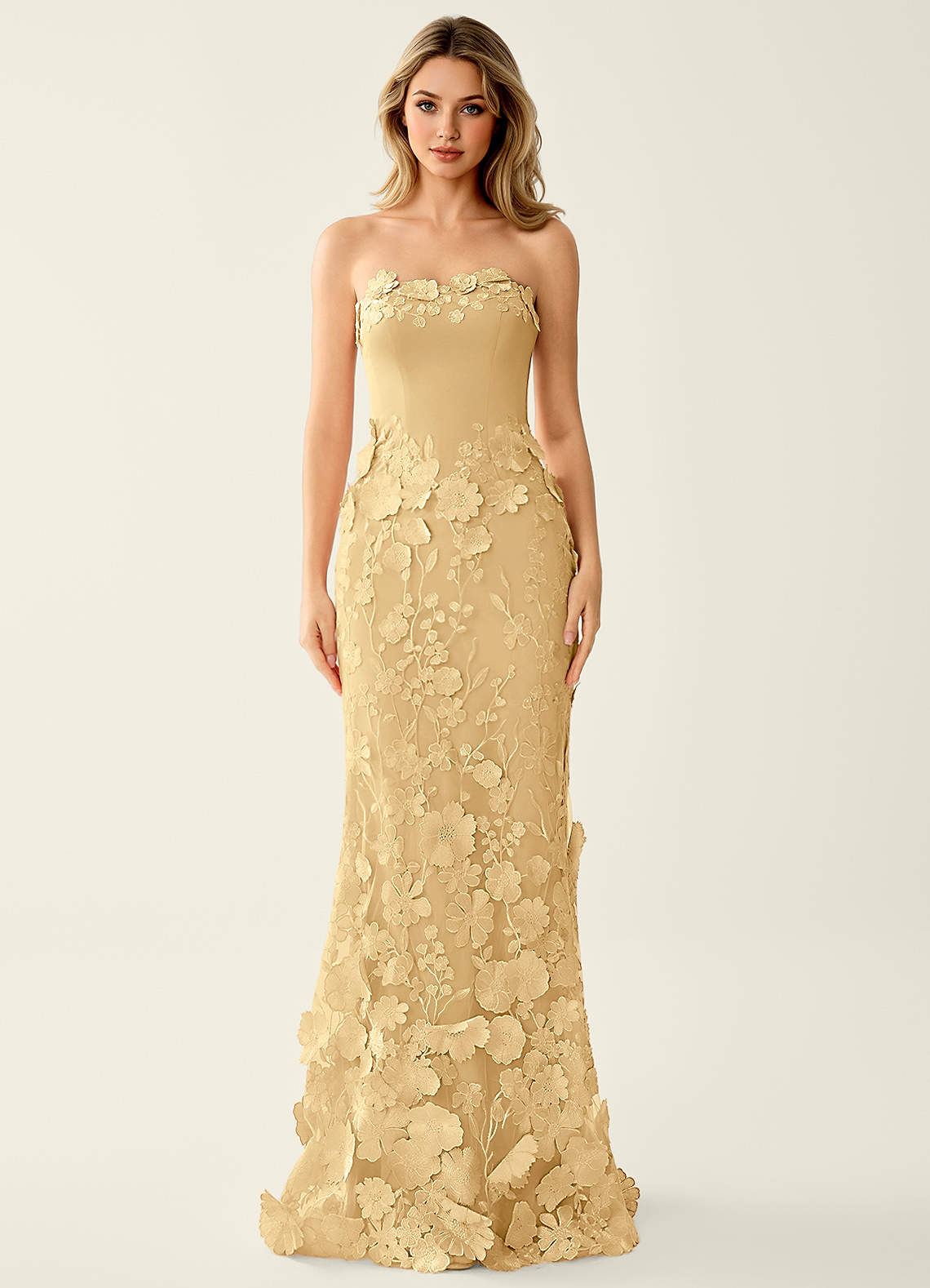 Wrensincia Mermaid Strapless Crystal Linen Satin Evening Dress in Dark Champagne