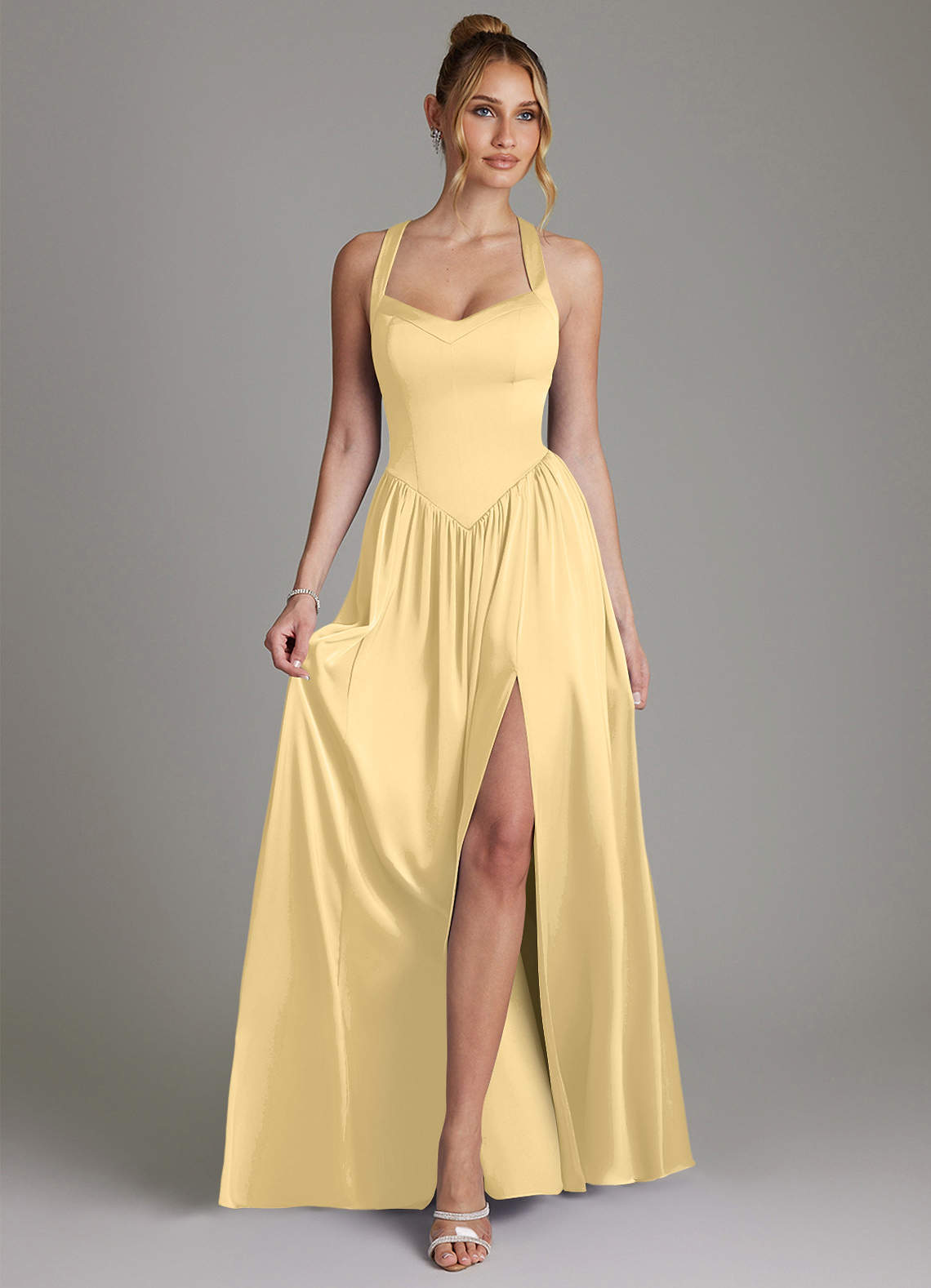 Francis A-Line V-Neck Stretch Satin Bridesmaid Dress in Butter