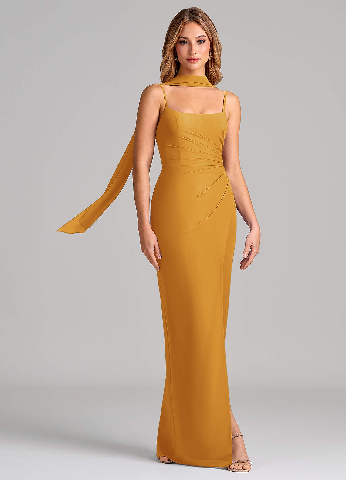Calandra Sheath Scoop-Neck Chiffon Bridesmaid Dress in butterscotch