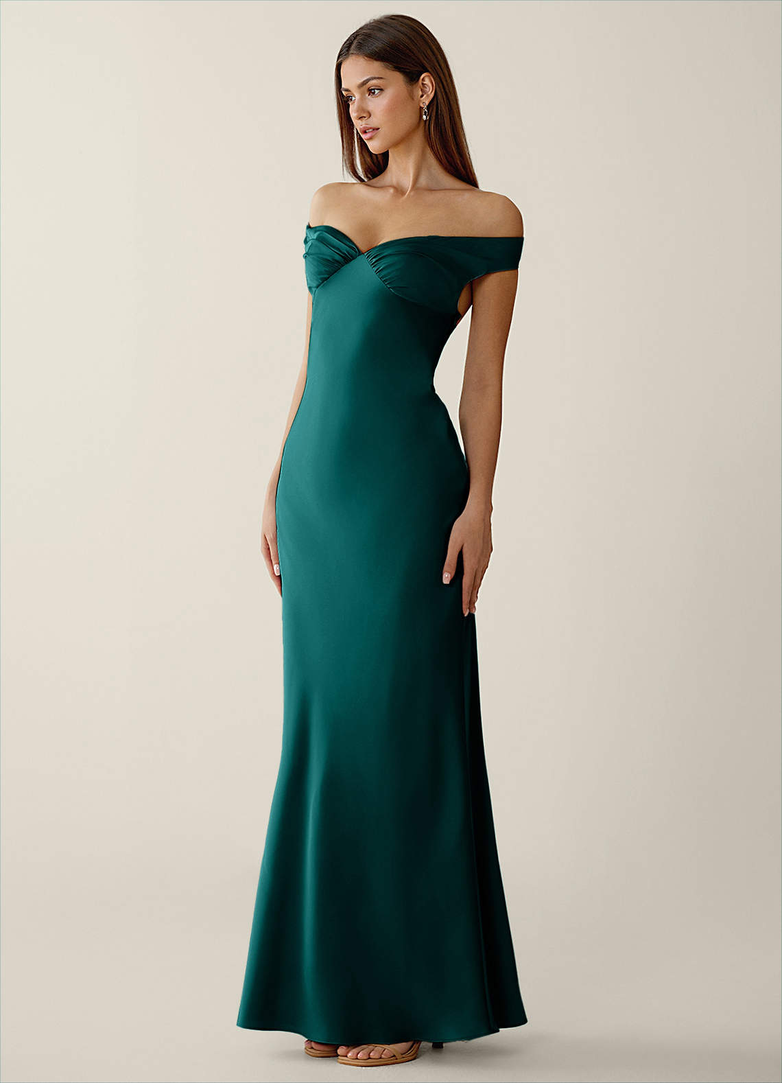Gwendonme Sheath Off-the-Shoulder Satin Crystal Linen Evening Dress in Peacock