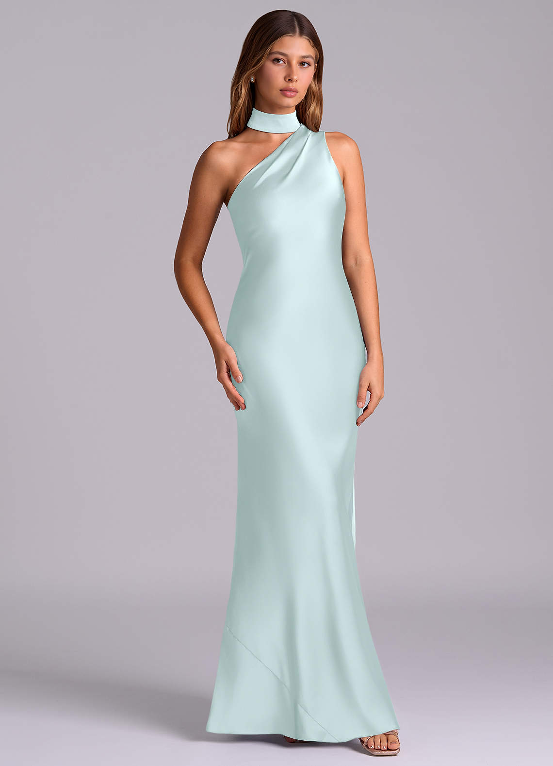 Seona Mermaid One-Shoulder Stretch Satin and Tulle Bridesmaid Dress in Sea Glass