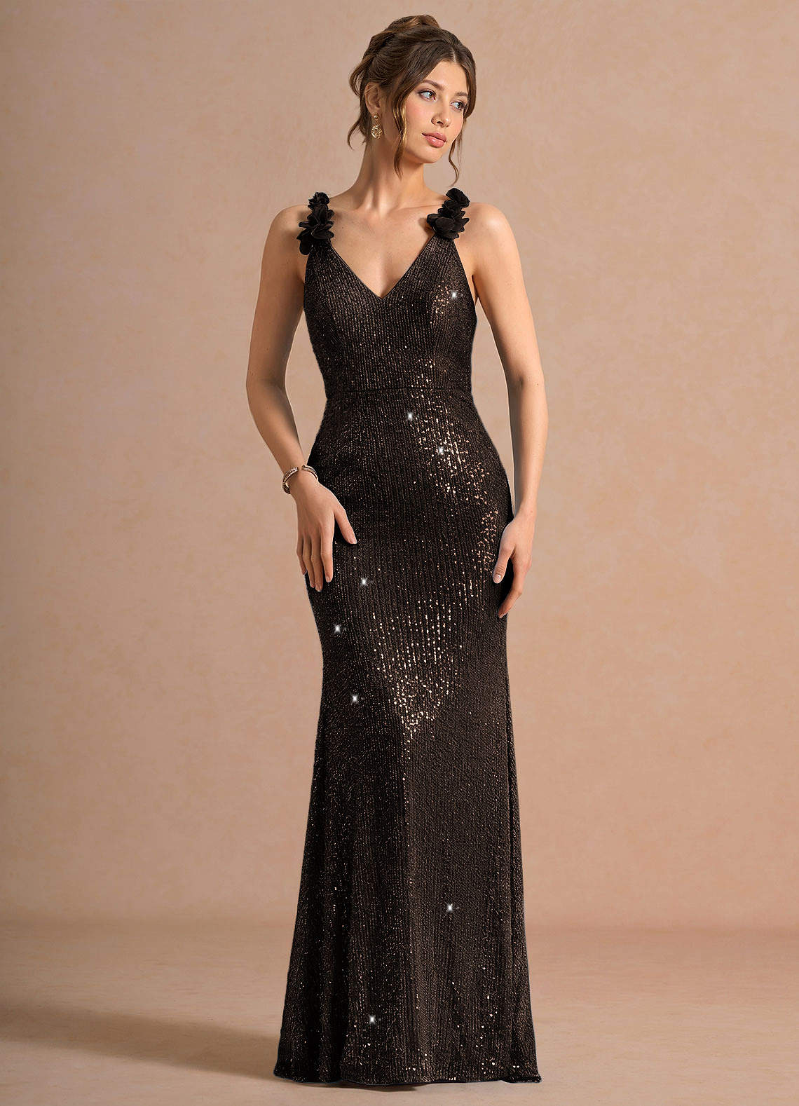 Selara Open-Back Floral Sequin Chiffon Evening Dress in Bronze
