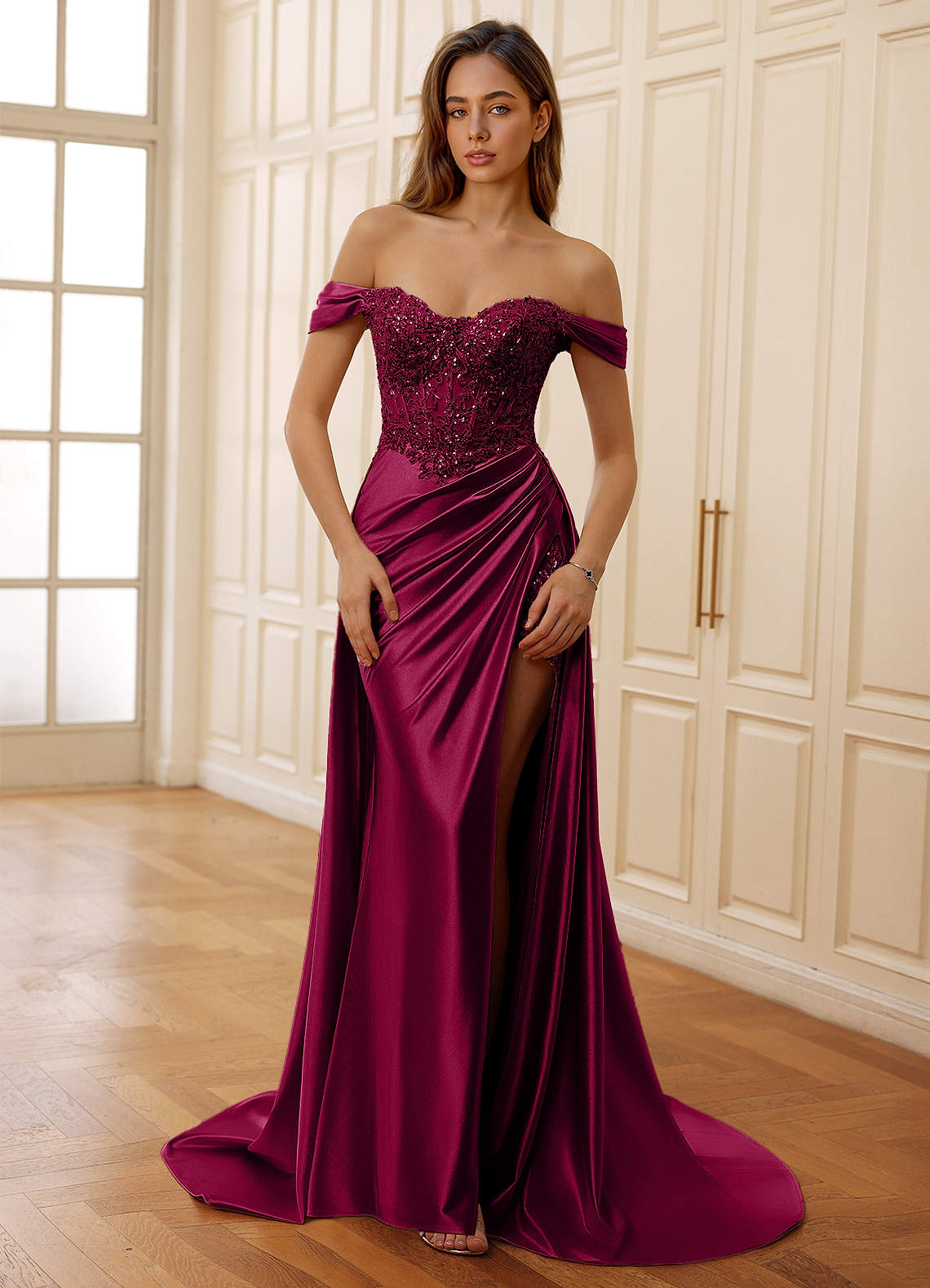 Rowane A-Line Off-the-Shoulder Satin Evening Dress in Burgundy