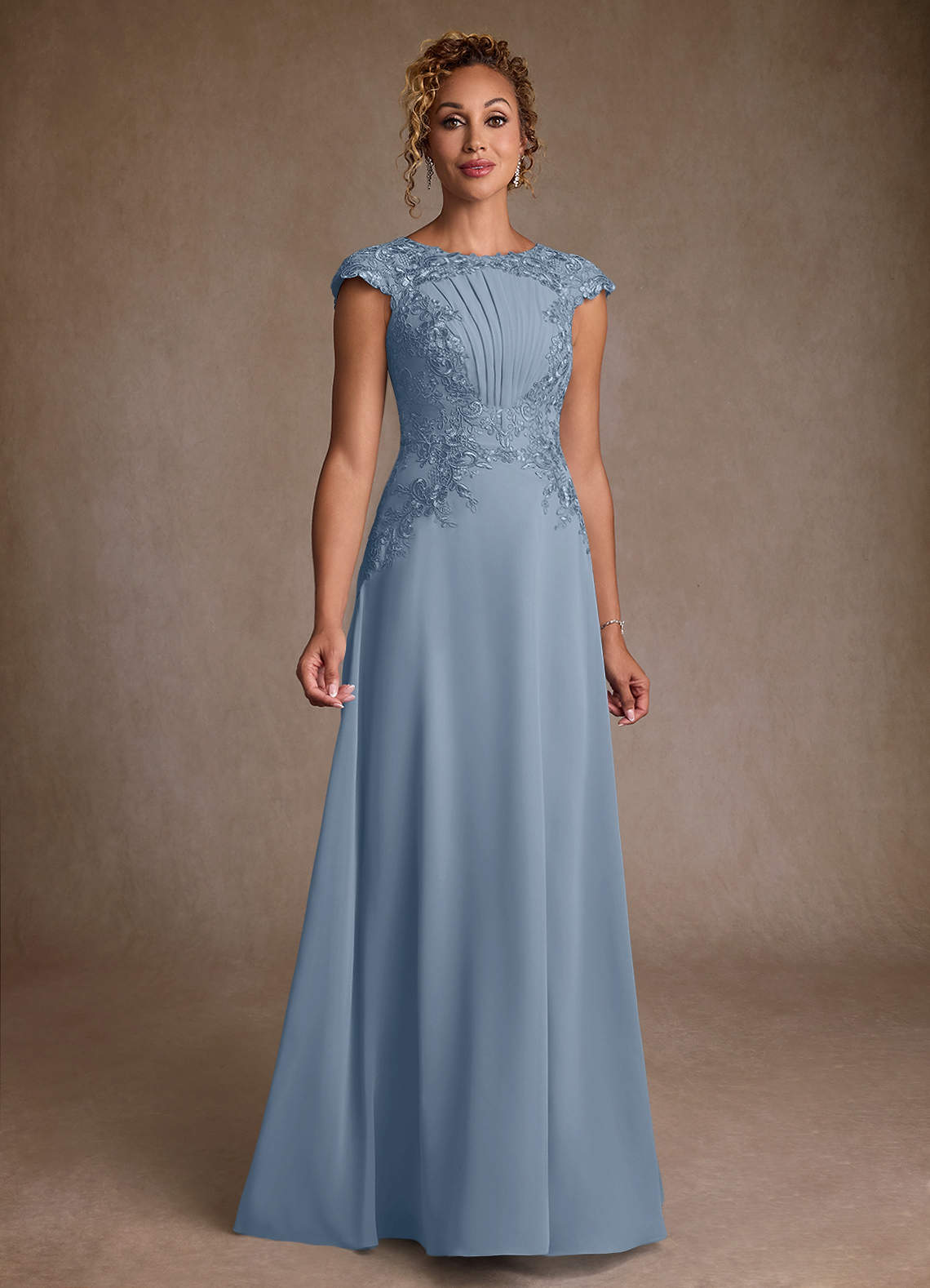 Christi A-Line Scoop-Neck Chiffon and Lace Mother of the Bride Dress in dusty blue