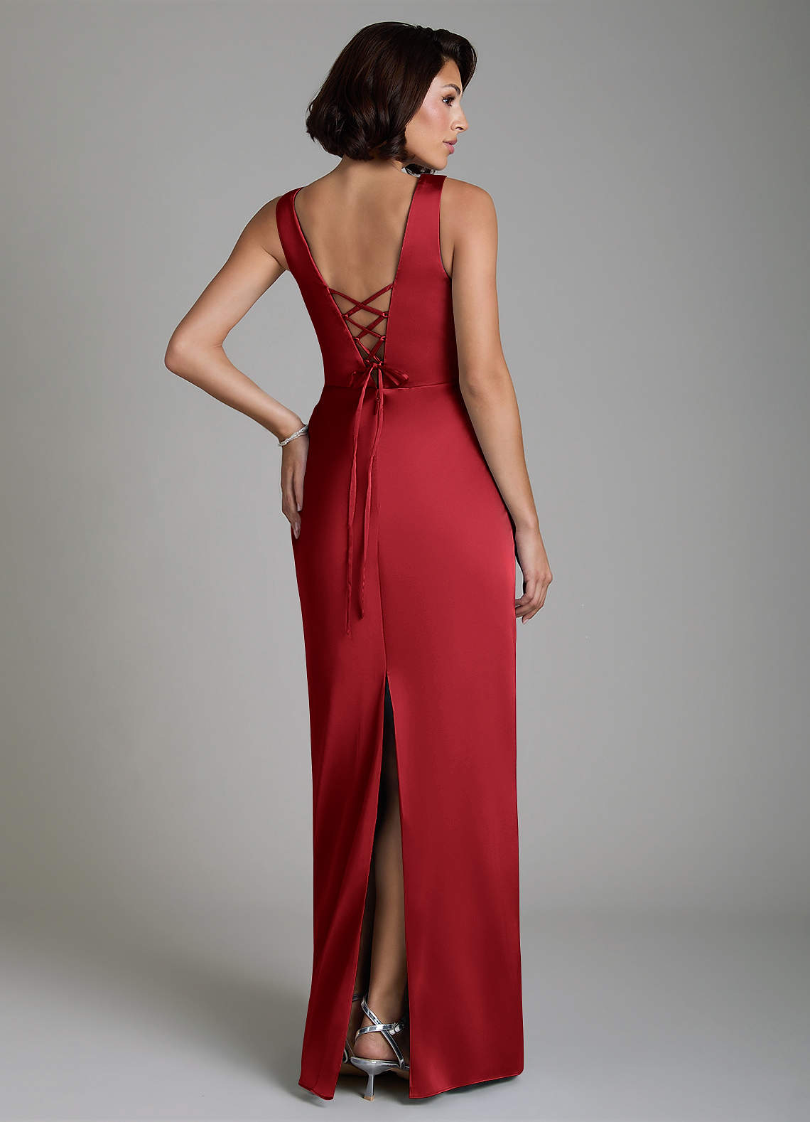 Vanya Sheath V-Neck Stretch Satin Bridesmaid Dress in Scarlet
