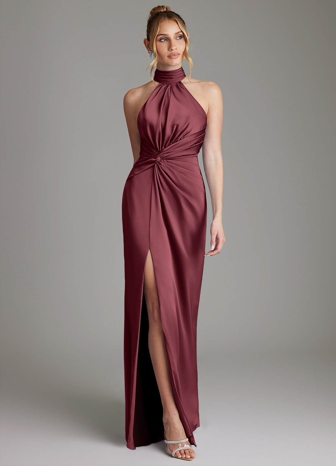 Gracelynn Sheath Halter Stretch Satin Bridesmaid Dress in Merlot