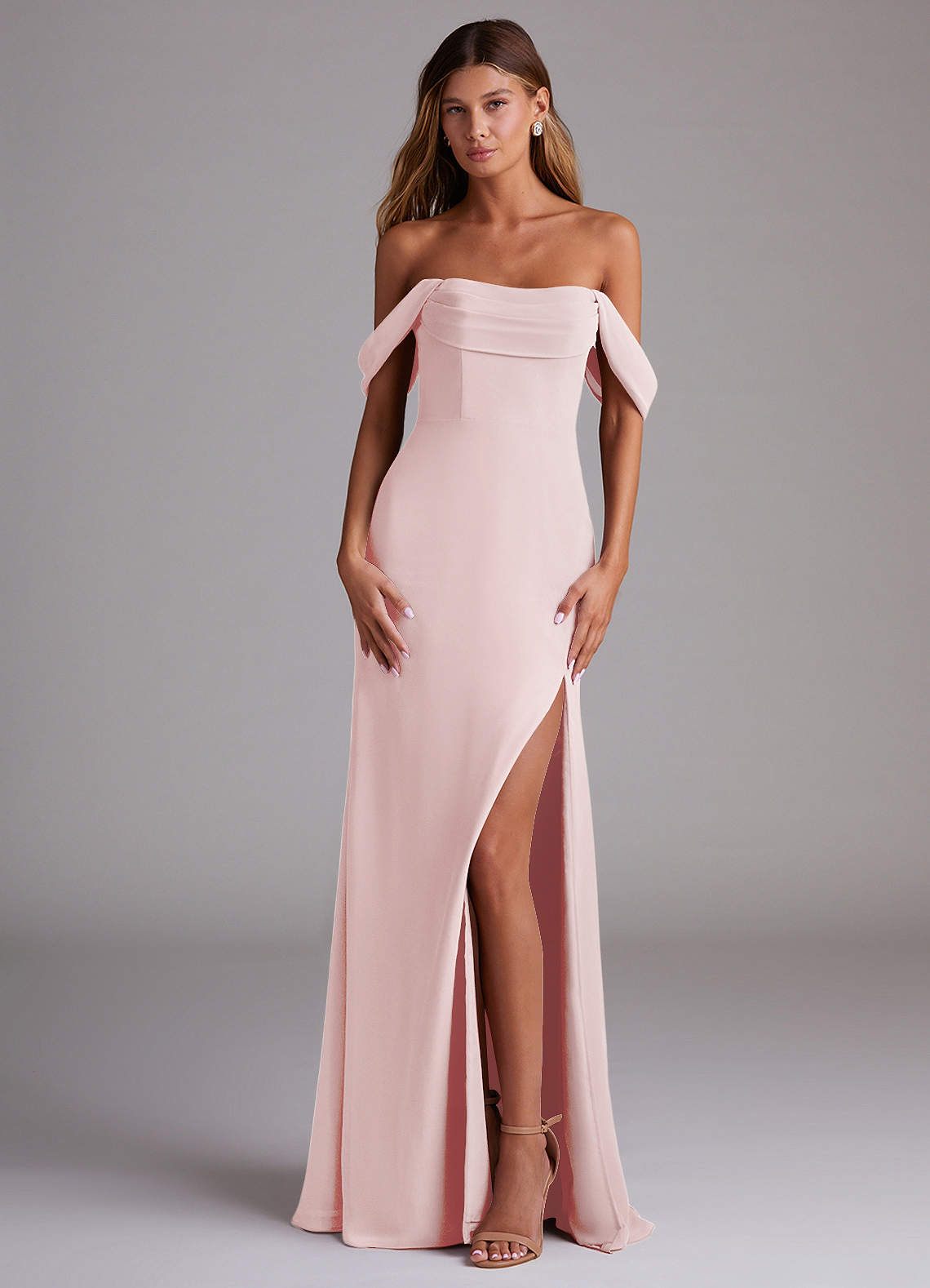 Saige A-Line Off-the-Shoulder Chiffon Bridesmaid Dress in Blushing Pink