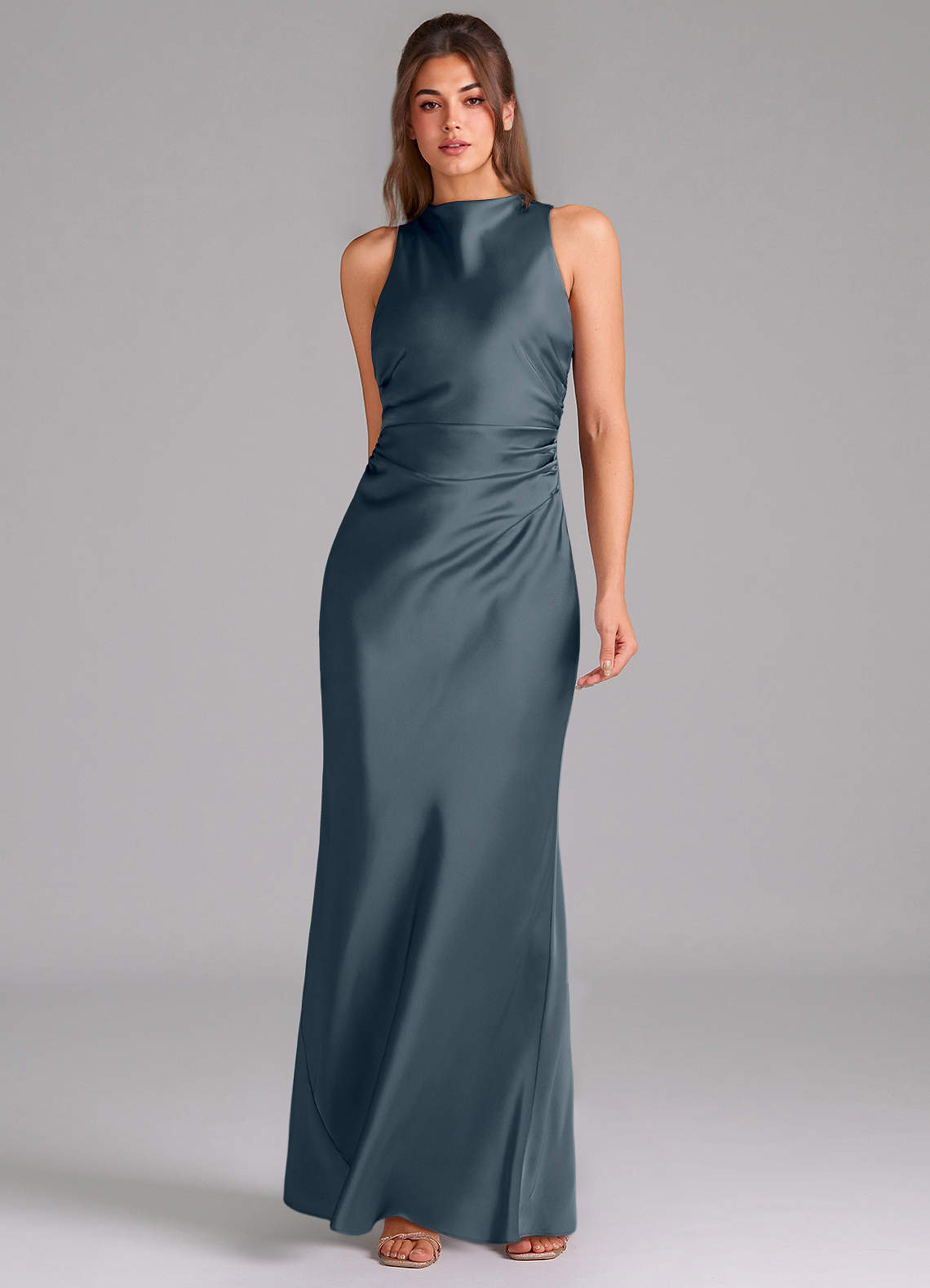Evadne Sheath Scoop-Neck Stretch Satin Bridesmaid Dress in Twilight