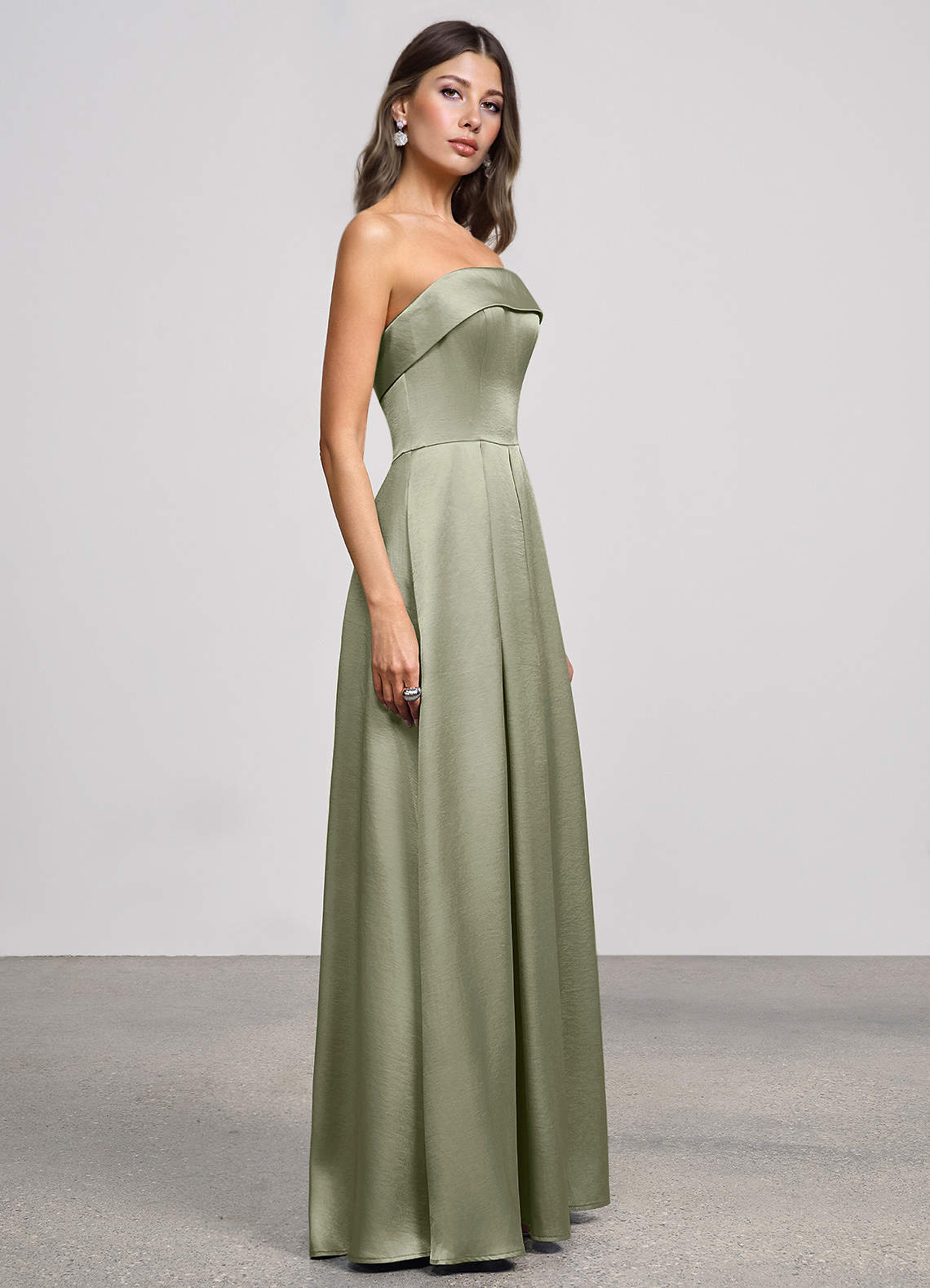 Isolde Strapless Folded-Neck Corset Luminous Satin Evening Dress in Dusty Sage