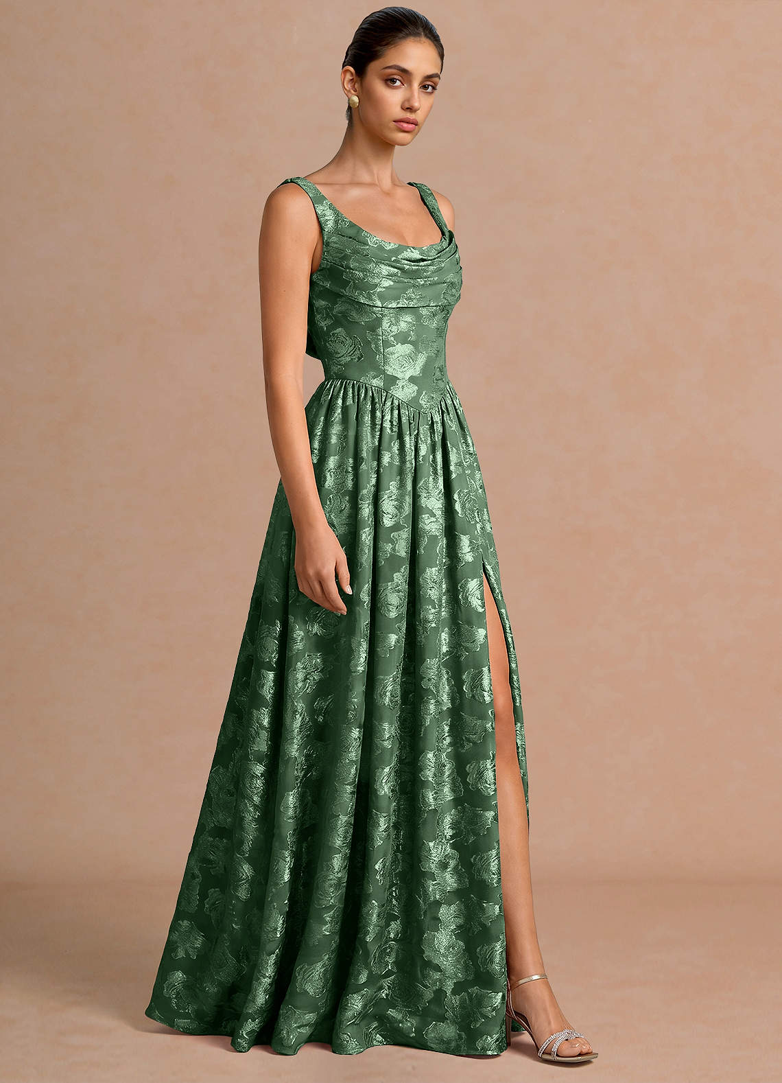 Novi A-Line Draped-Neck Floral Fil Coupé Evening Dress in Eucalyptus