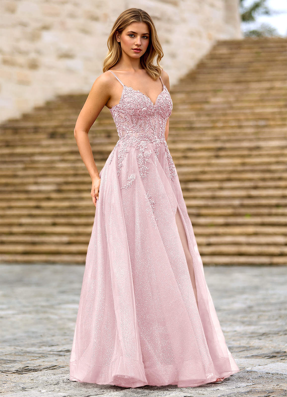 Milliener A-Line V-Neck Tulle Evening Dress in pink