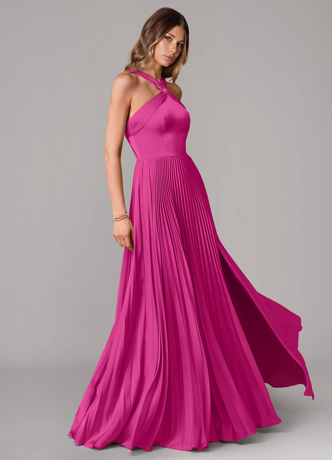 Afra A-Line Halter-Neck Stretch Satin Bridesmaid Dress in Fuchsia