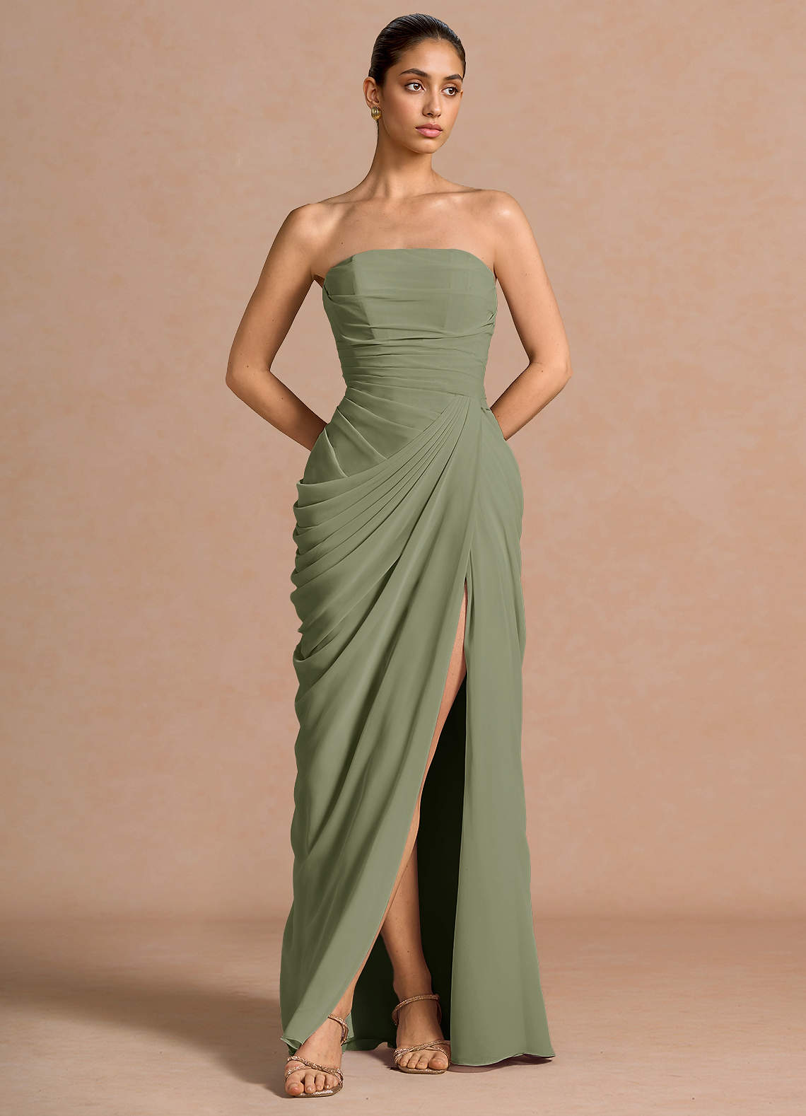 Kaavia Column Pleated Chiffon Maxi Evening Dress in Pistachio