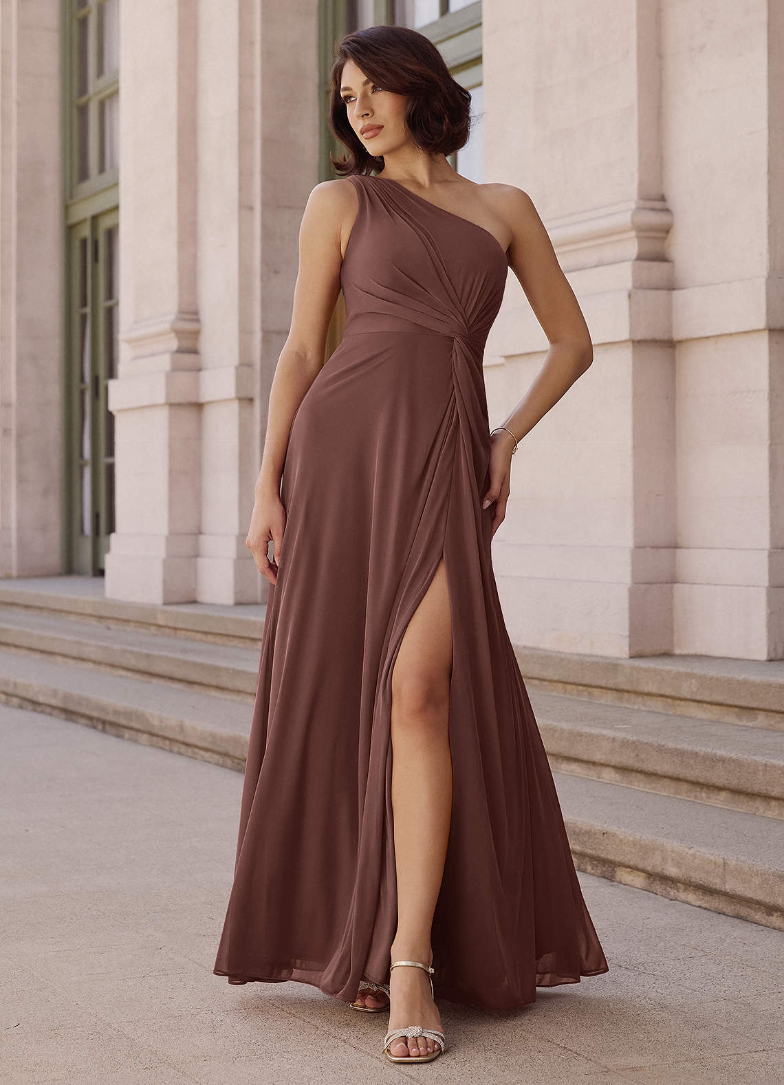 Brooke A-Line One-Shoulder Chiffon Bridesmaid Dress in Espresso