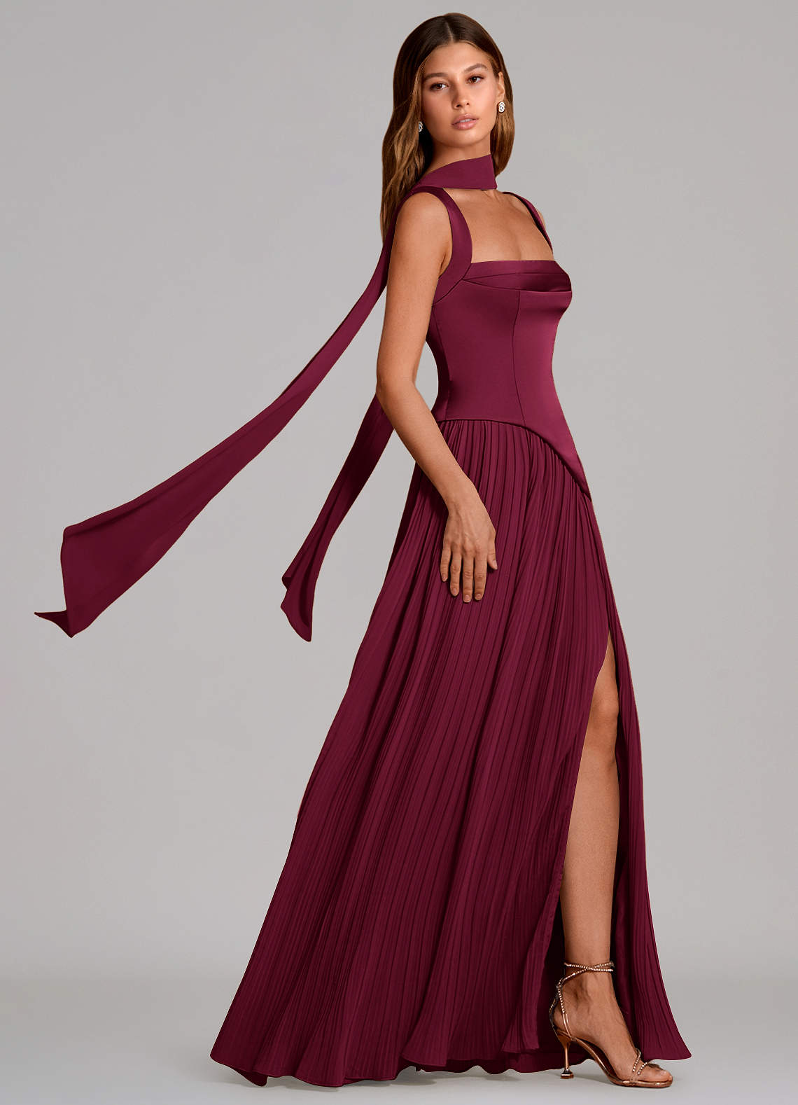 Stephanie A-Line Square-Neck Stretch Satin and Chiffon Bridesmaid Dress in Burgundy
