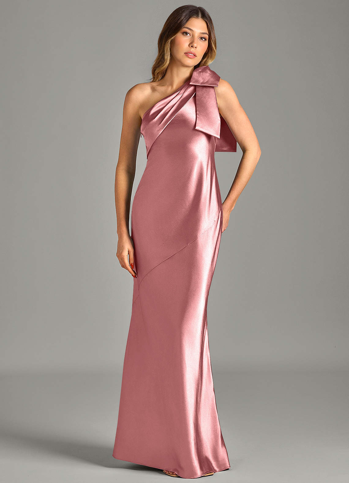 Yuanna Mermaid One-Shoulder Metallic Satin Bridesmaid Dress in Rosette