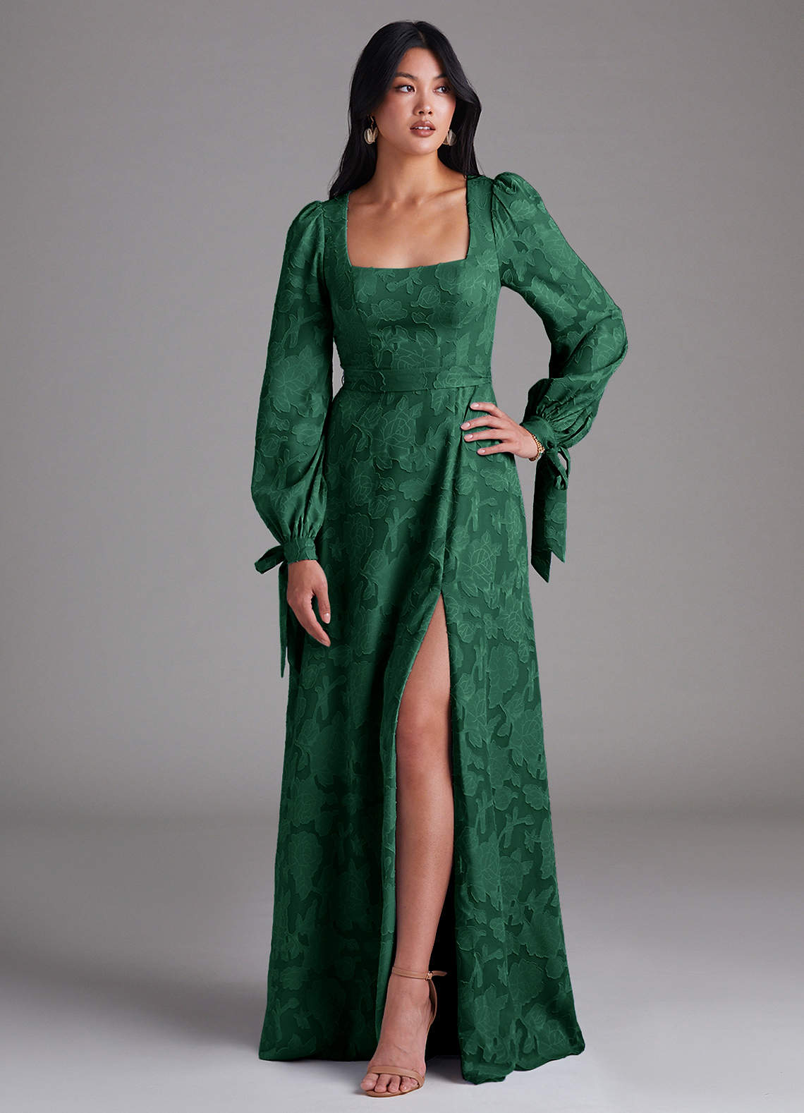 Leonia A-Line Square-Neck Stretch Satin Bridesmaid Dress in Dark Green