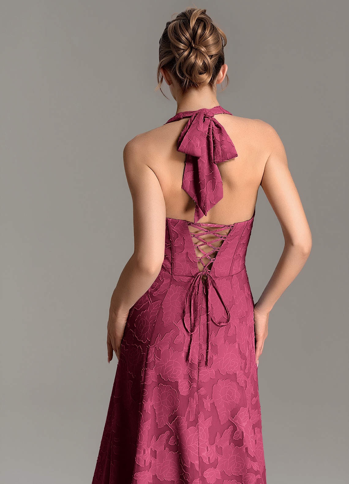 Nia A-Line V-Neck Floral Burnout Bridesmaid Dress in Burgundy