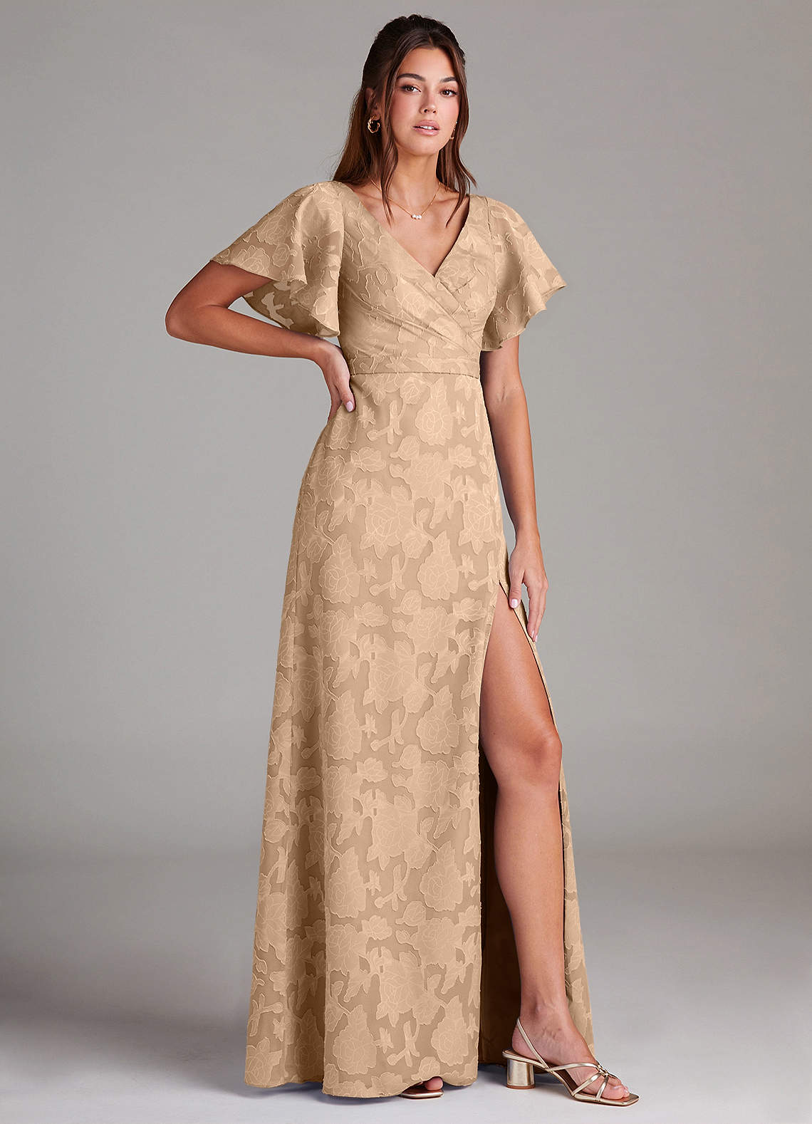 Ambrosia A-Line V-Neck Floral Burnout Bridesmaid Dress in Champagne