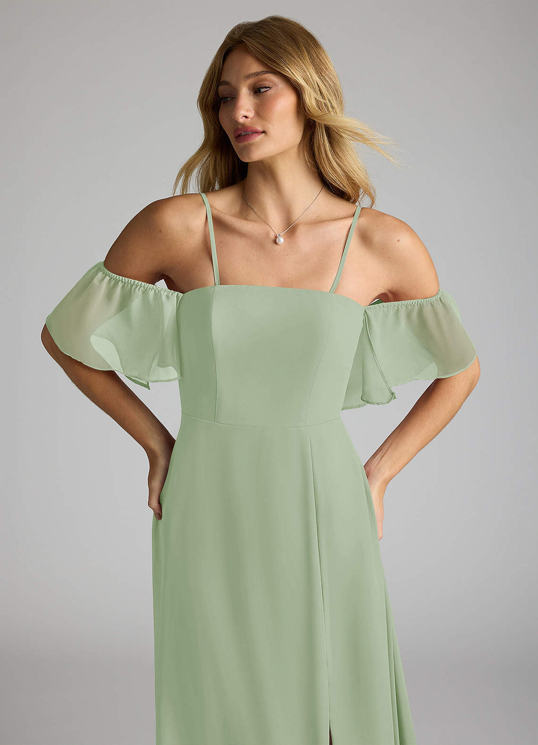 Sue A-Line Off-the-Shoulder Chiffon Bridesmaid Dress in Dusty Sage
