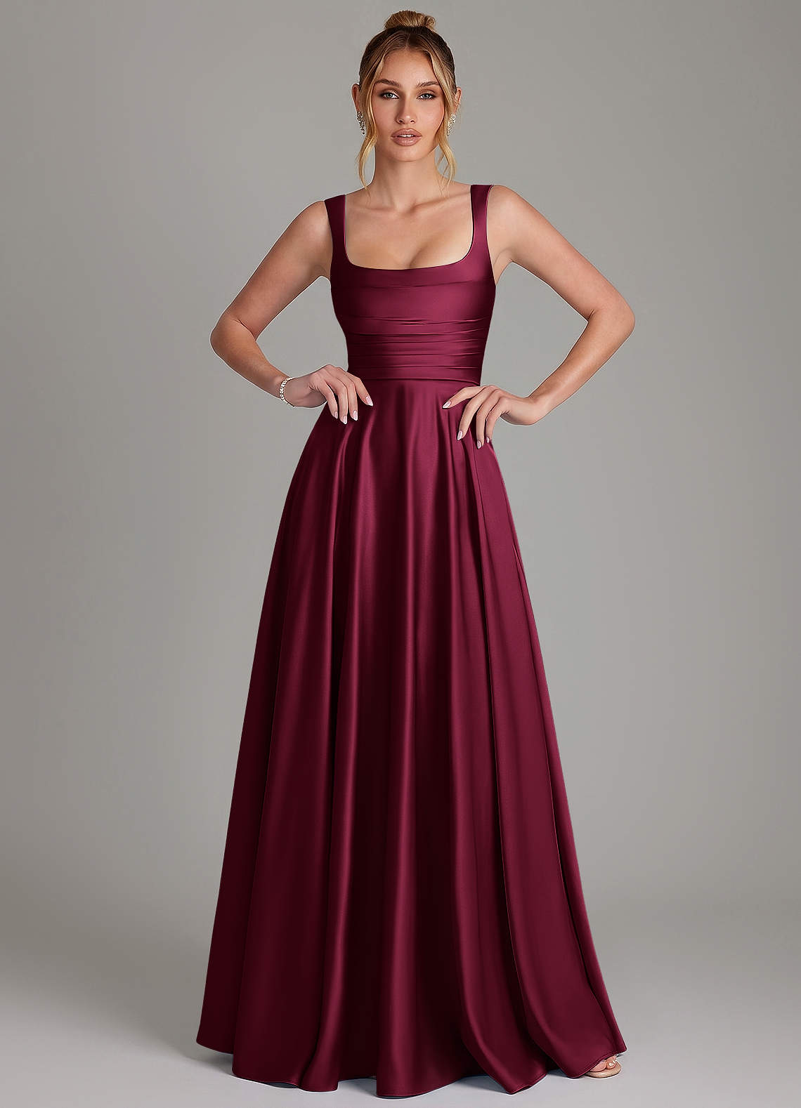 Azaria A-Line Square-Neck Stretch Satin Bridesmaid Dress in Burgundy