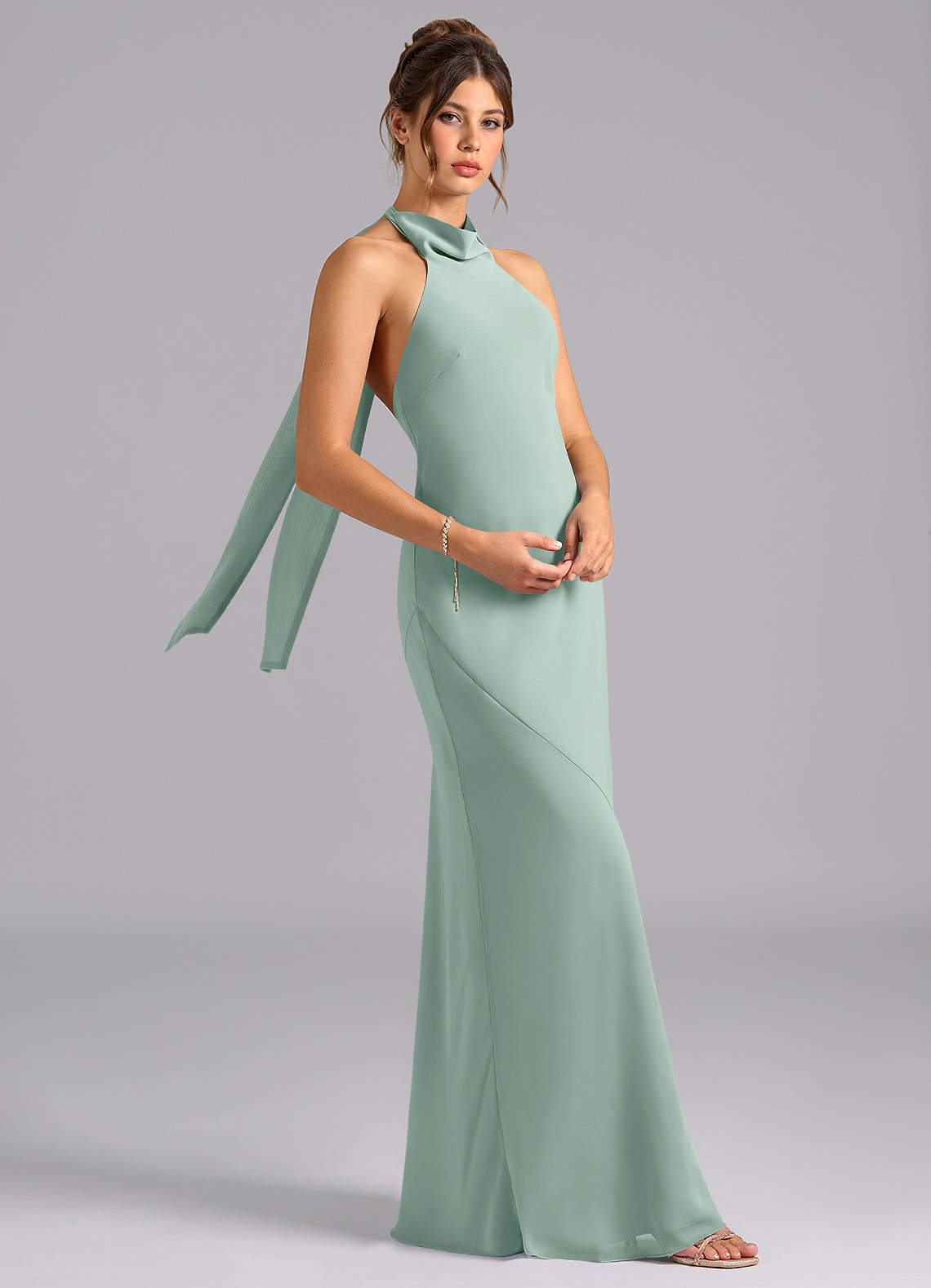 Velli Mermaid Halter Chiffon Bridesmaid Dress in Agave