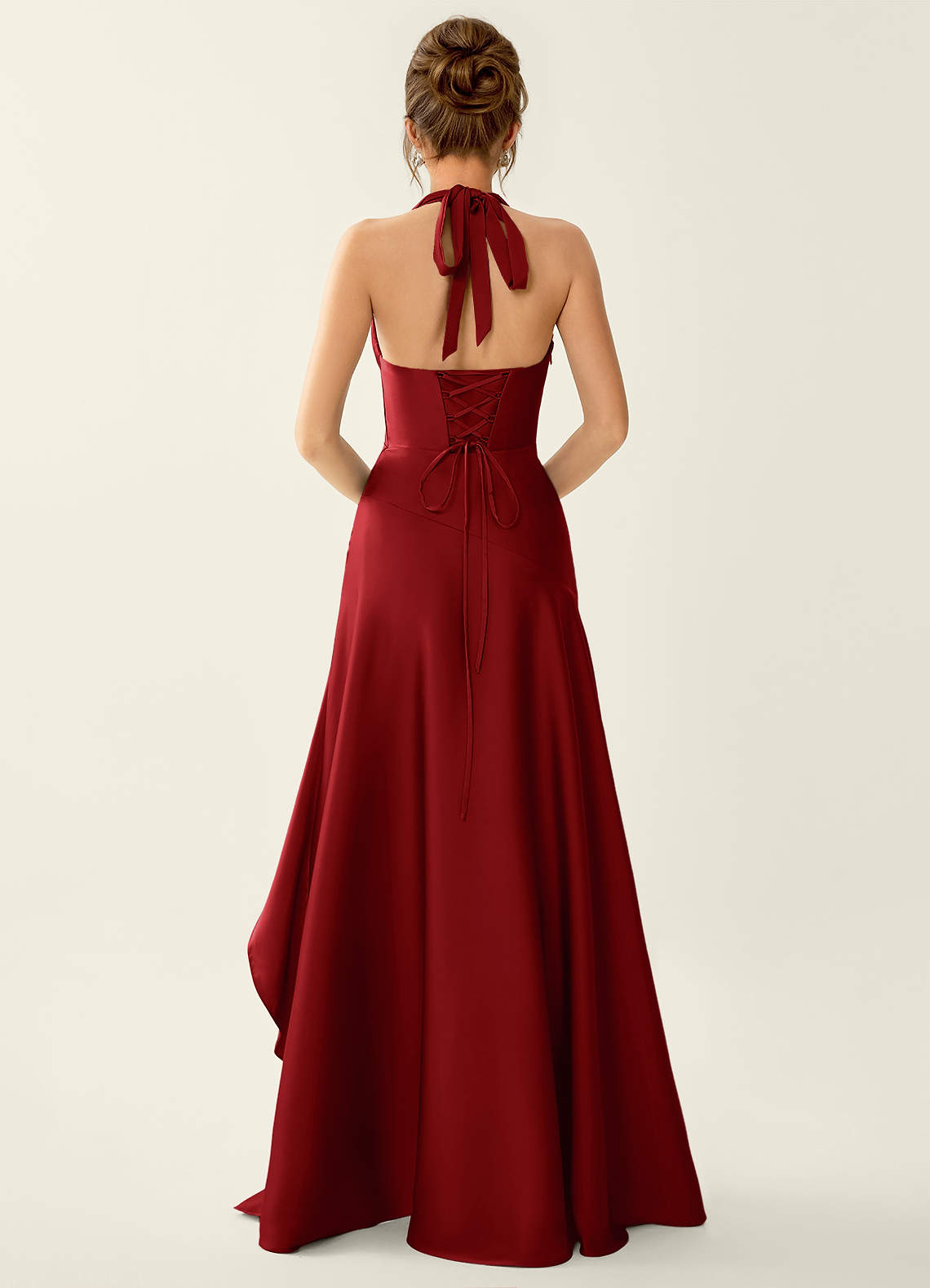 Titania Halter Asymmetric-Ruffle Satin Evening Dress in Ruby Red