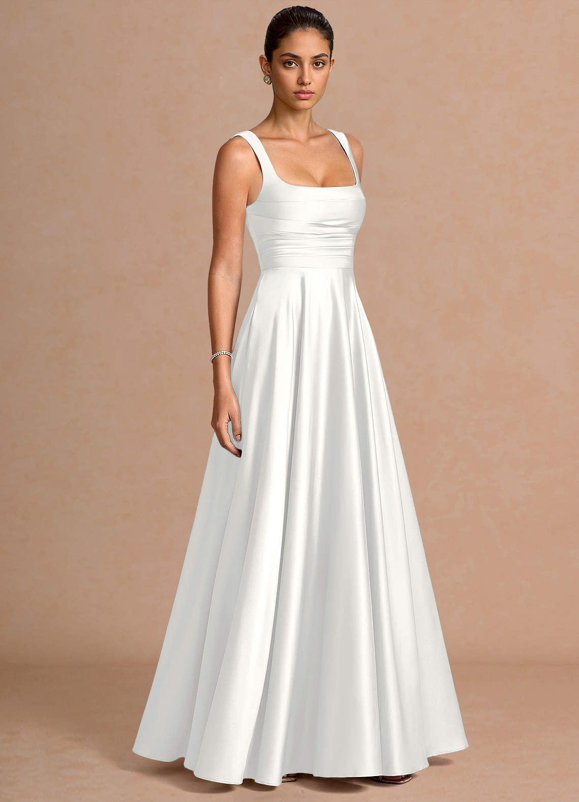 Azaria A-Line Square-Neck Stretch Satin Wedding Guest Dress in Haze blue