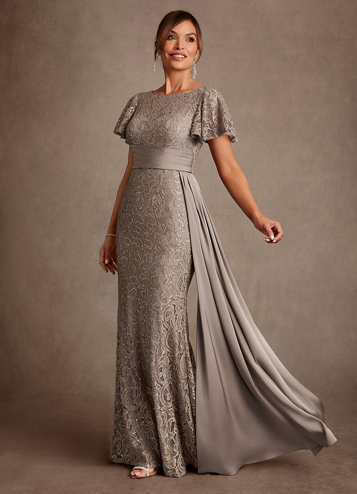 Harrison Mermaid Scoop-Neck Stretch Satin and Lace Mother of the Bride Dress in taupe