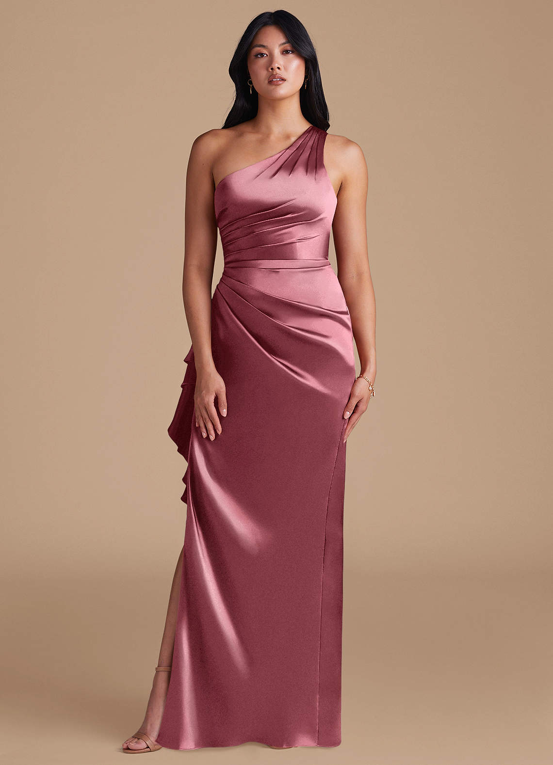 Latrice Sheath One-Shoulder Metallic Satin Bridesmaid Dress in Desert Rose