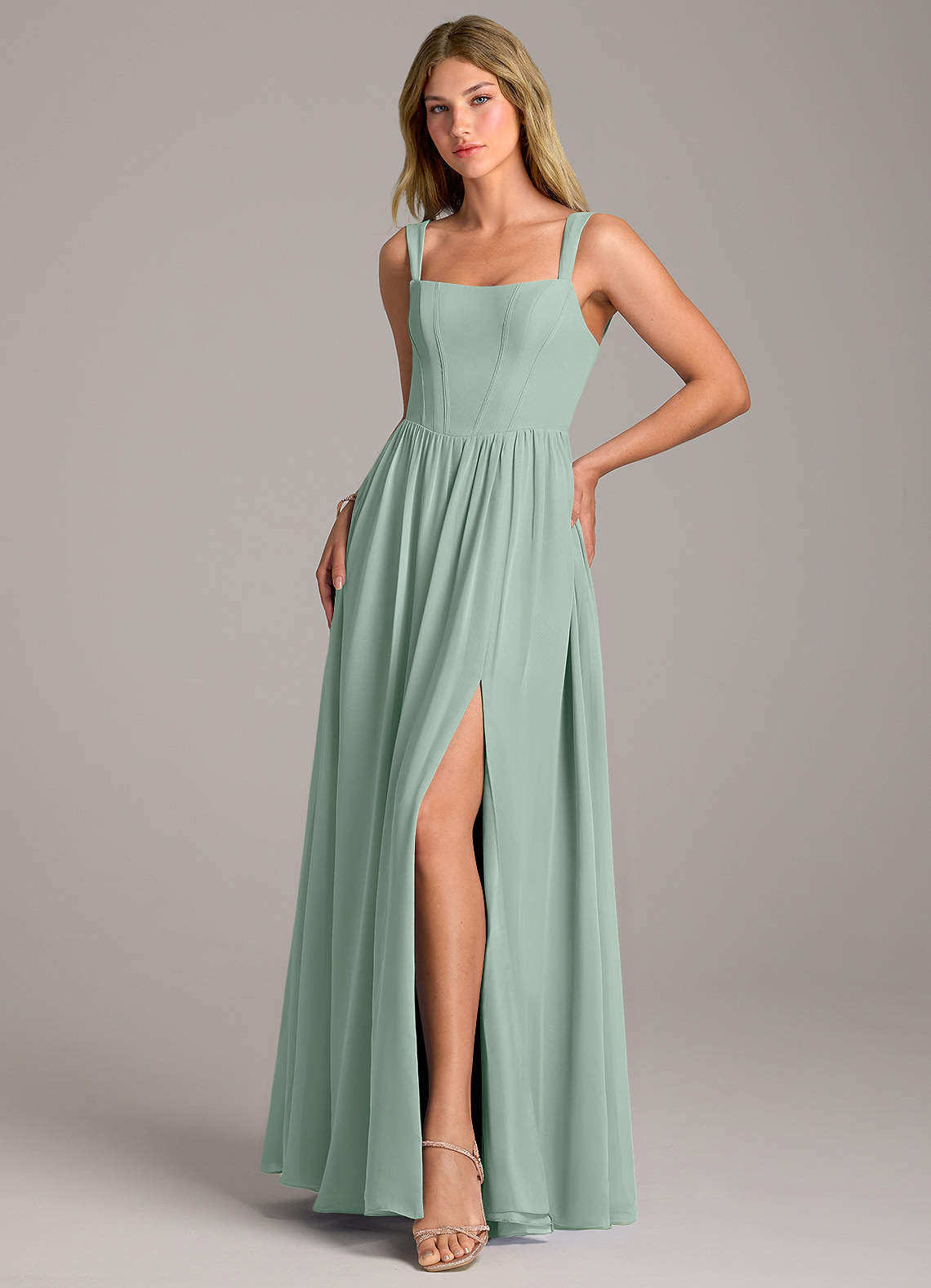 Rosaline A-Line Square-Neck Chiffon Bridesmaid Dress in Agave