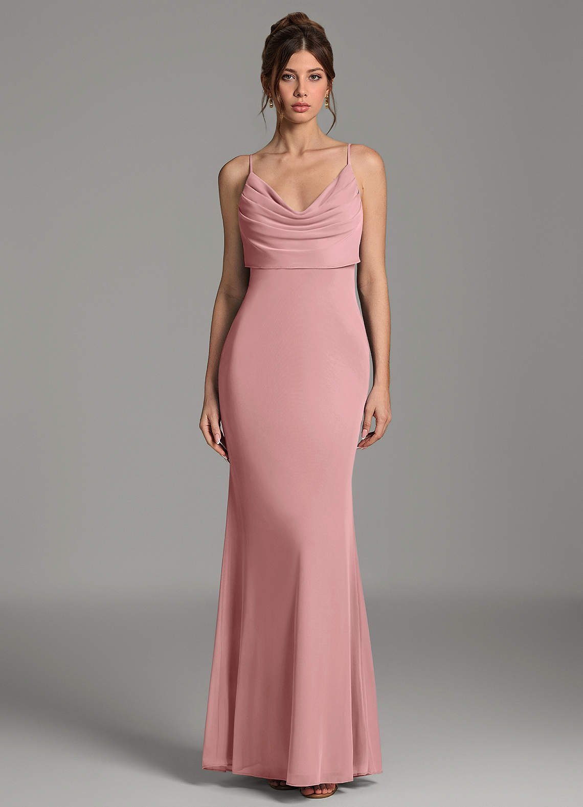 Zari Mermaid Cowl-Neck Mesh Bridesmaid Dress in dusty rose