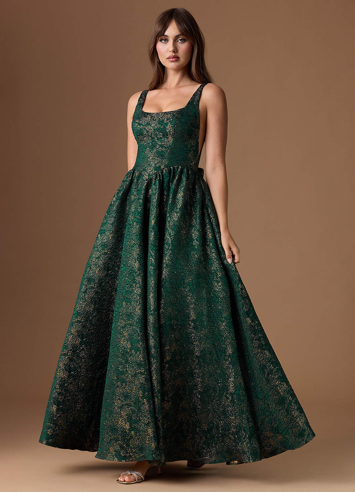 Bea A-Line Square-Neck Brocade Evening Dress in Gilded Emerald