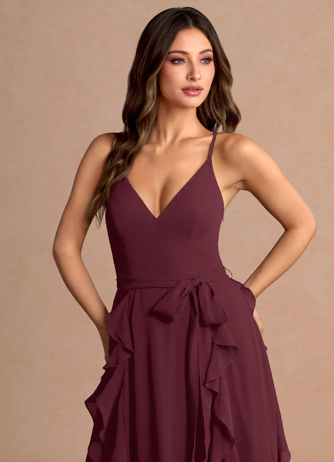 Alouette A-Line V-Neck Chiffon Evening Dress in Wine