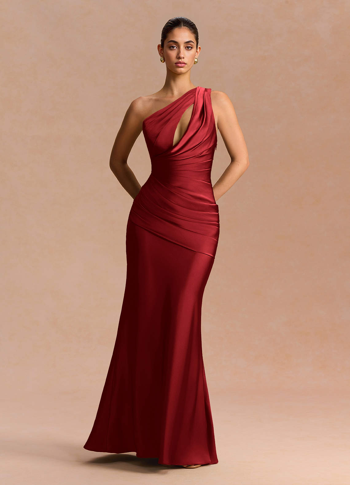 Guinevere One-Shoulder Cutout Stretch Satin Evening Dress in Dusty Blue