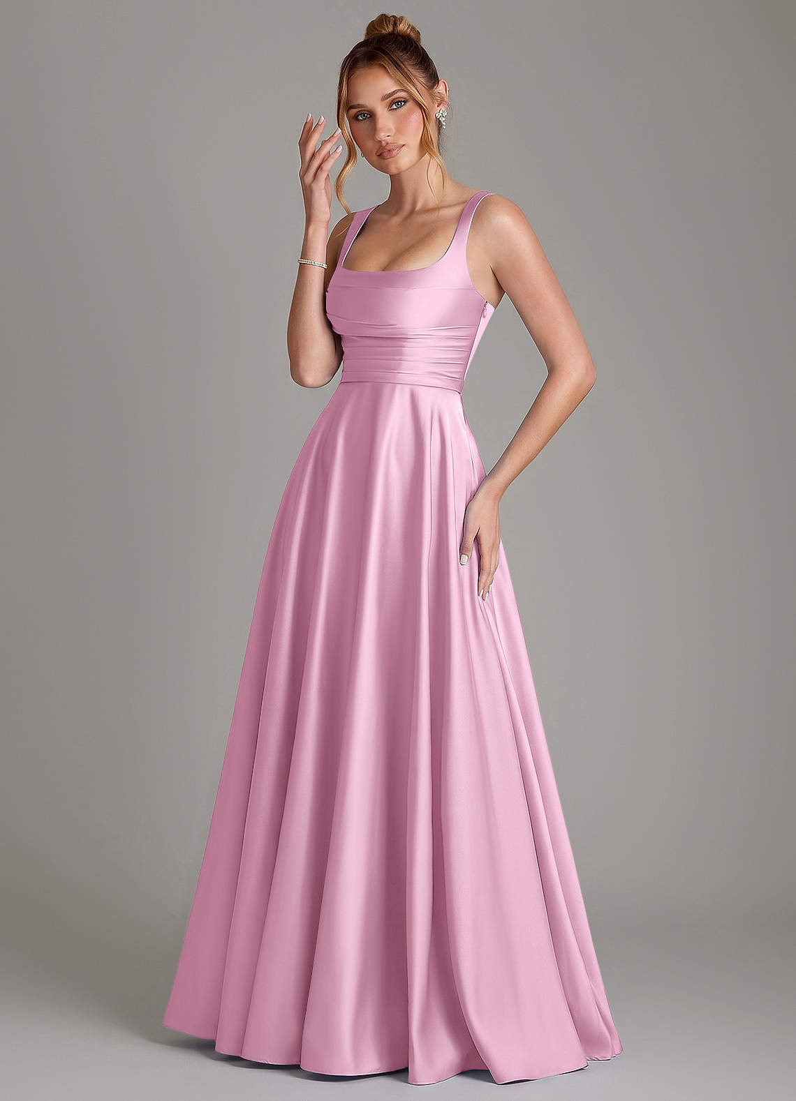 Azaria A-Line Square-Neck Stretch Satin Bridesmaid Dress in candy pink