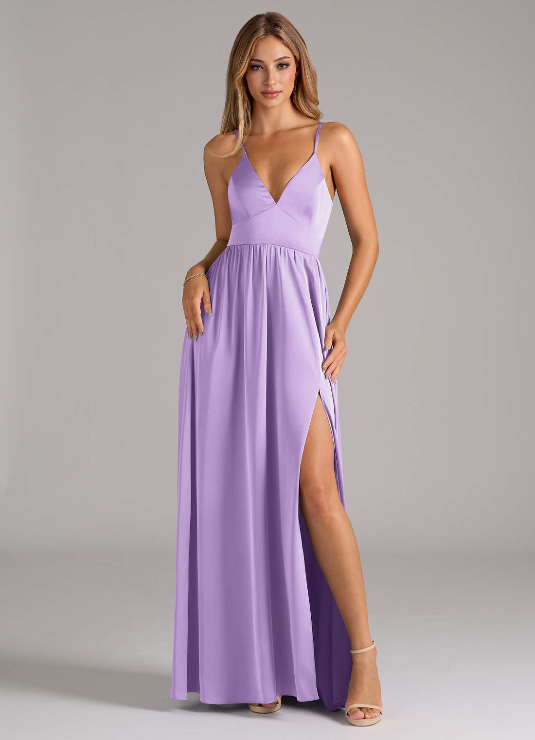 Aaida A-Line V-Neck Stretch Satin Bridesmaid Dress in Lilac